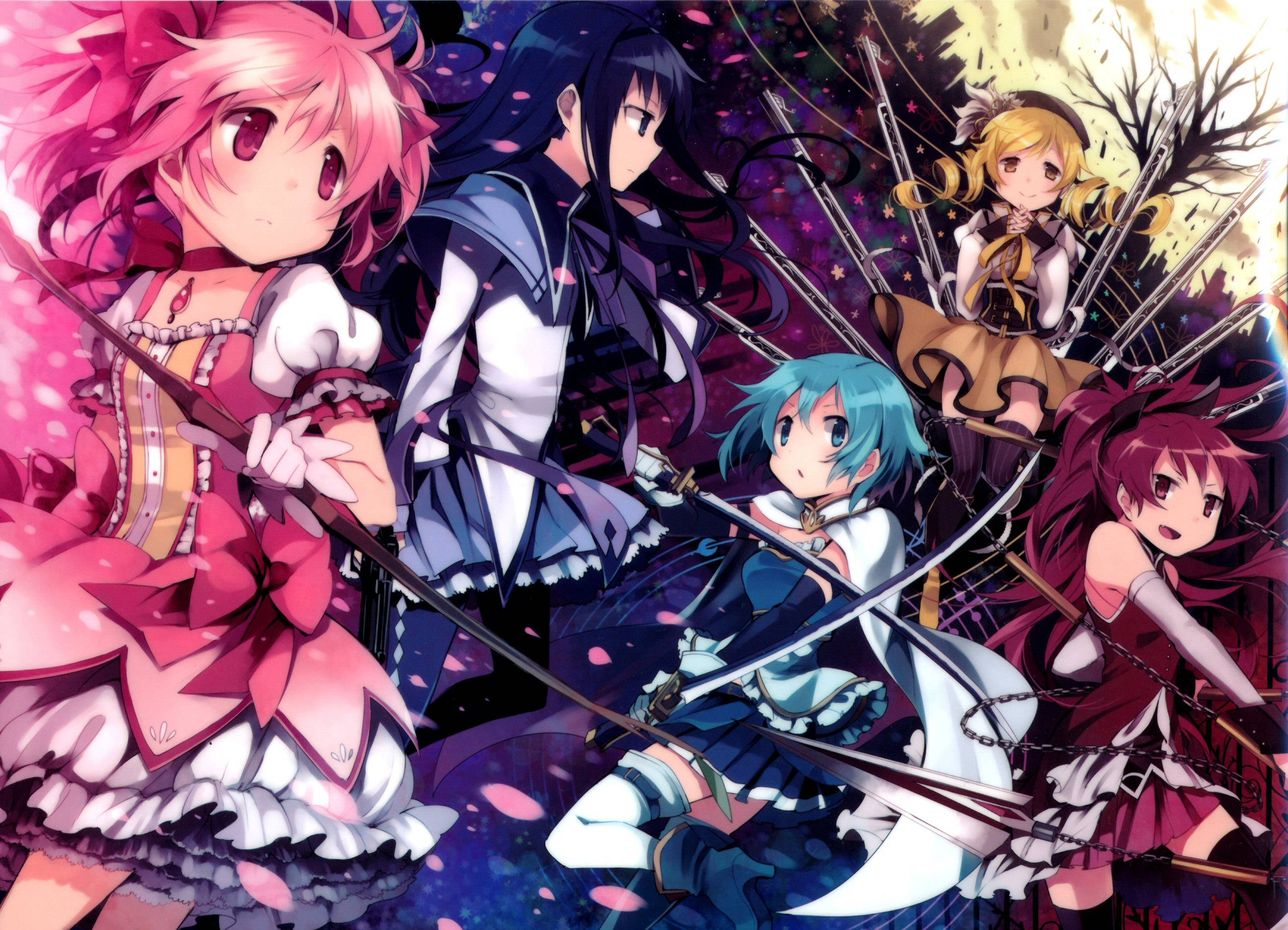Madoka 桌布 壁紙 — 五位擁有鮮豔髮色的動漫少女在黑暗魔法背景下，於飄落的粉紅花瓣中揮舞劍刃。