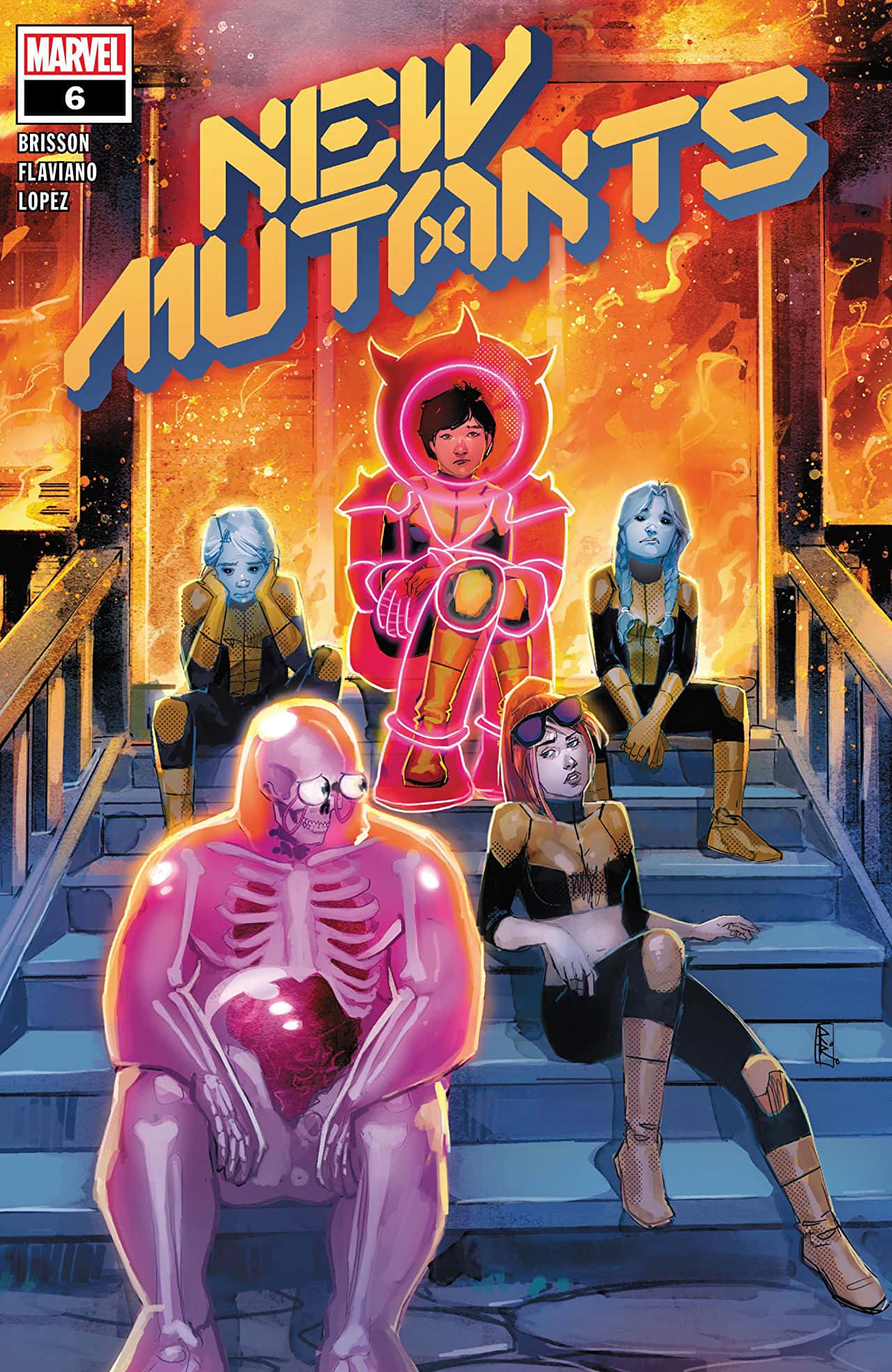 Mutants 桌布 壁紙 — 五位新變種人角色坐在石階上，沐浴在熾熱的橙色光芒中，身穿閃耀的粉紅和金色服裝。