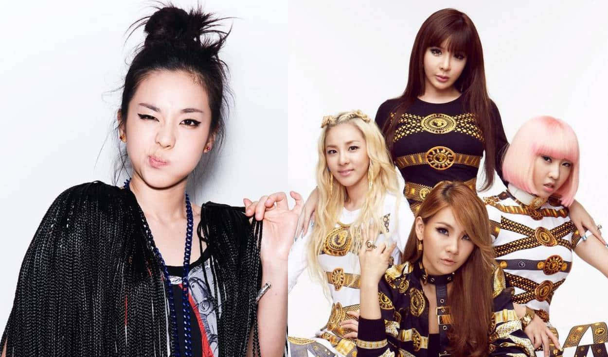 2NE1 桌布 壁紙 — 五位時尚女性在純白色背景下自信地擺姿勢，穿著大膽的黑色和金色服裝。