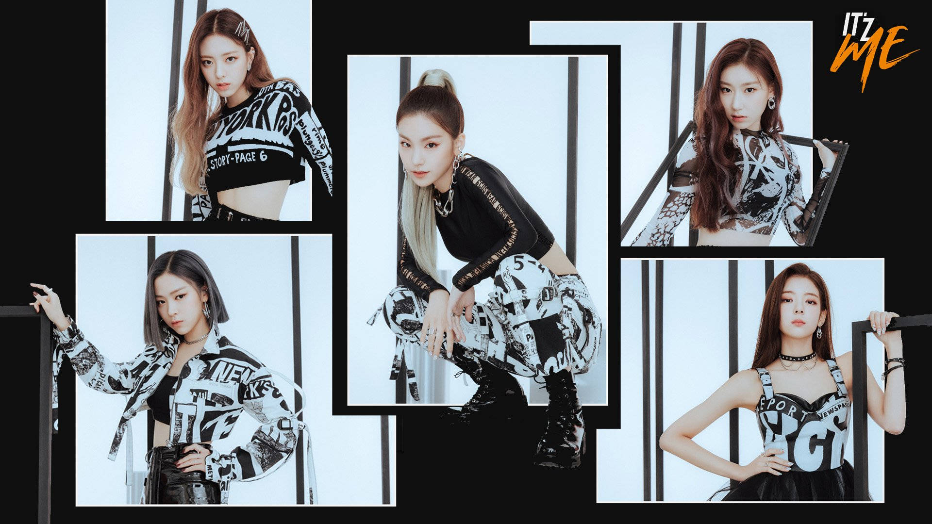 ITZY 桌布 壁紙 — 五位時尚女性穿著大膽的黑白圖案服裝，在鮮明的黑白條紋背景前自信地擺姿勢。