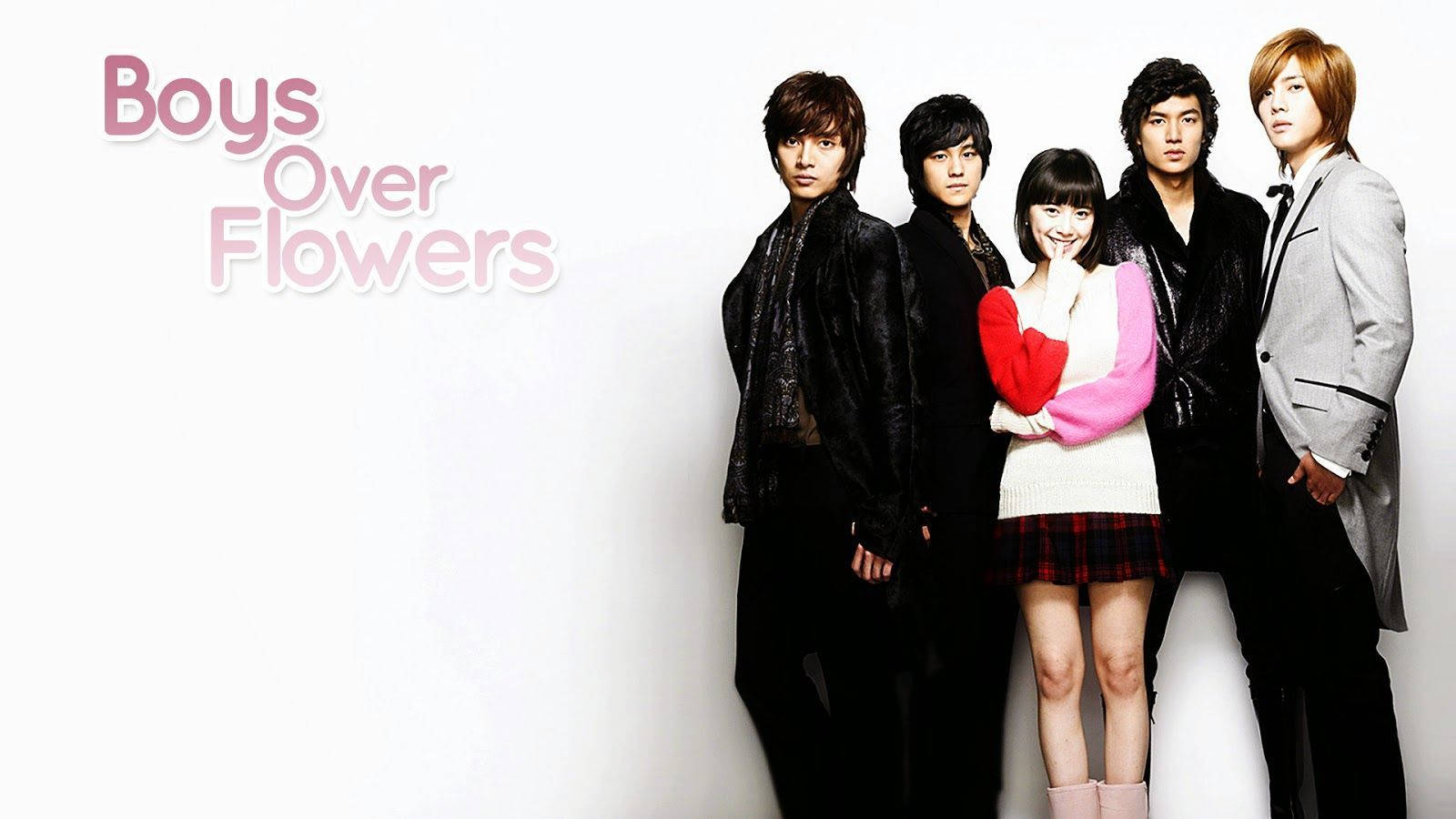 kdrama 桌布 壁紙 — 五位時尚年輕演員在純白色背景前擺姿勢，粉紅色文字標題為「Boys Over Flowers」。
