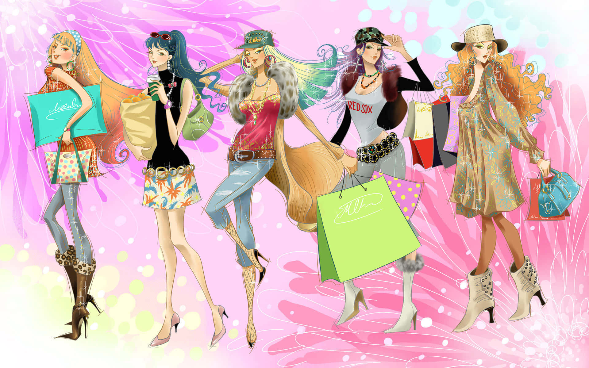 Beauty And Fashion 桌布 壁紙 — 五位時尚的動漫女孩，擁有色彩繽紛的頭髮和購物袋，在充滿活力的粉紅色和紫色漩渦背景上自信地大步走。