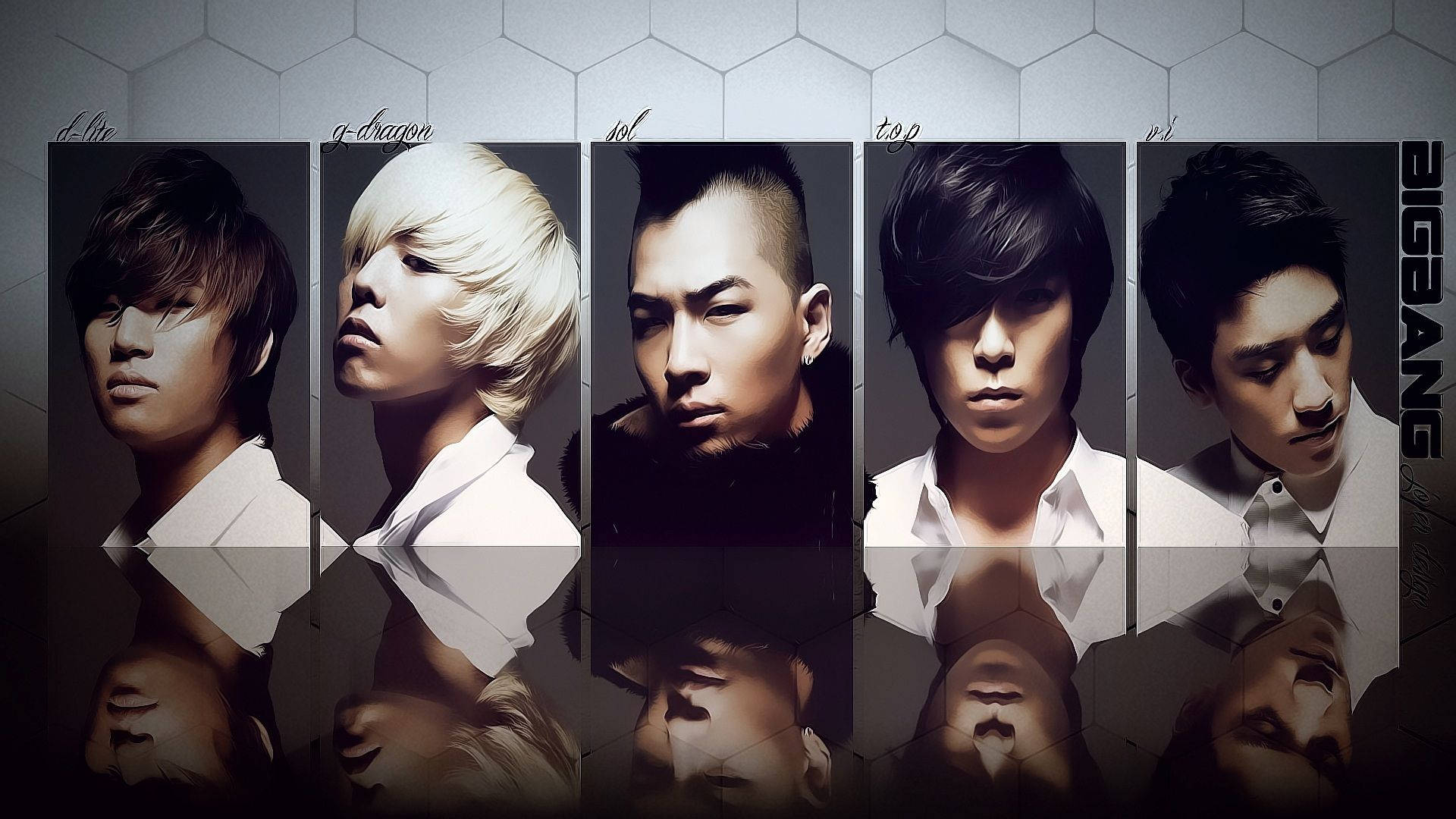 Bigbang 桌布 壁紙 — 五位時尚的韓國男偶像穿著白襯衫，在六角形灰色牆壁前擺姿勢，下方有鏡面反射。