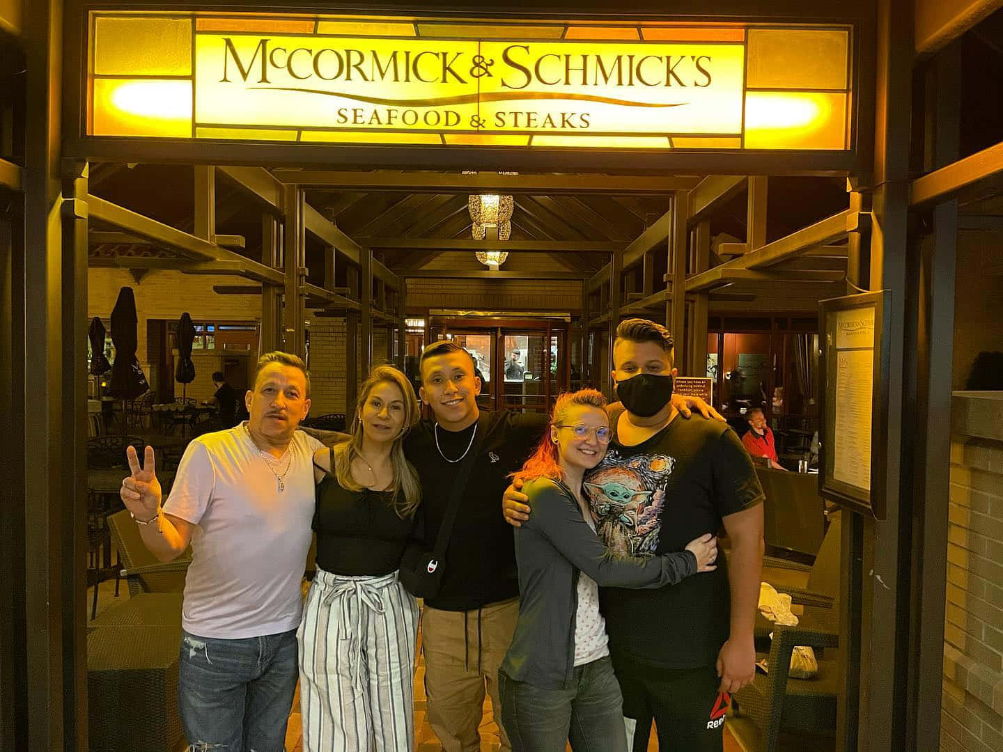 Smile 桌布 壁紙 — 五位朋友在夜間於McCormick & Schmick's海鮮餐廳外，在溫暖發光的招牌下愉快地擺姿勢。