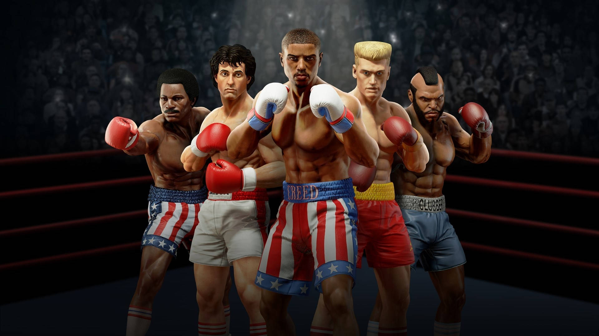 Boxing 桌布 壁紙 — 五位標誌性拳擊手身穿紅、白、藍色短褲，在明亮燈光下準備就緒，身後是模糊的人群。
