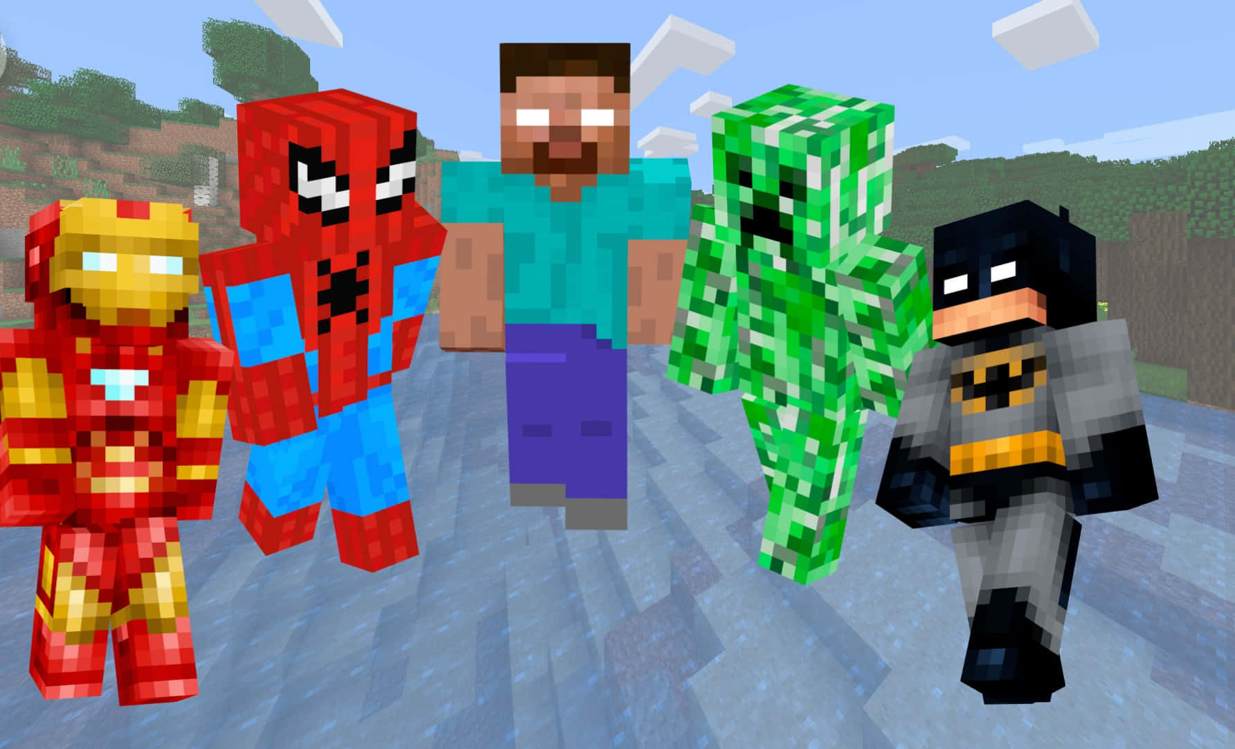 可愛 Minecraft 桌布 壁紙 — 五位標誌性超級英雄和一個爬行者站在晴朗天空下的像素化Minecraft世界中。