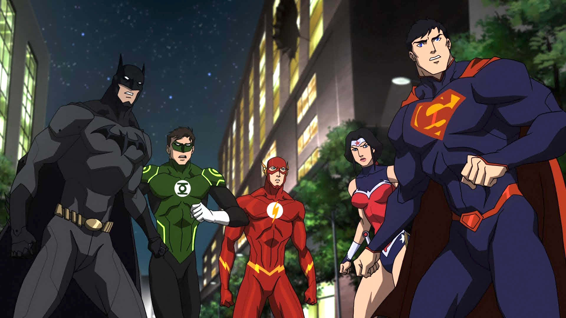 Justice League War 桌布 壁紙 — 五位標誌性超級英雄在星空下的城市街道上並肩而立，背後是燈火通明的建築物。