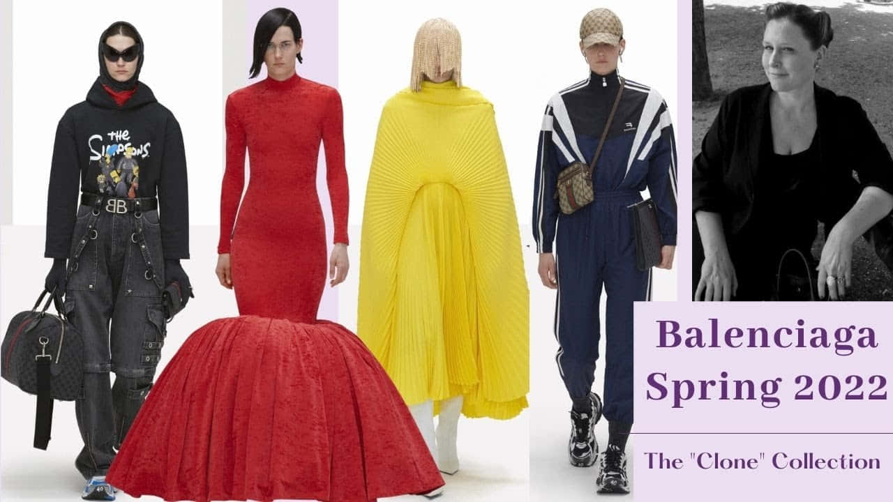 巴黎世家 桌布 壁紙 — 五位模特兒在白色工作室背景下展示 Balenciaga 2022 春季前衛服裝，包括紅色長裙、黃色百褶斗篷和圖案連帽衛衣。