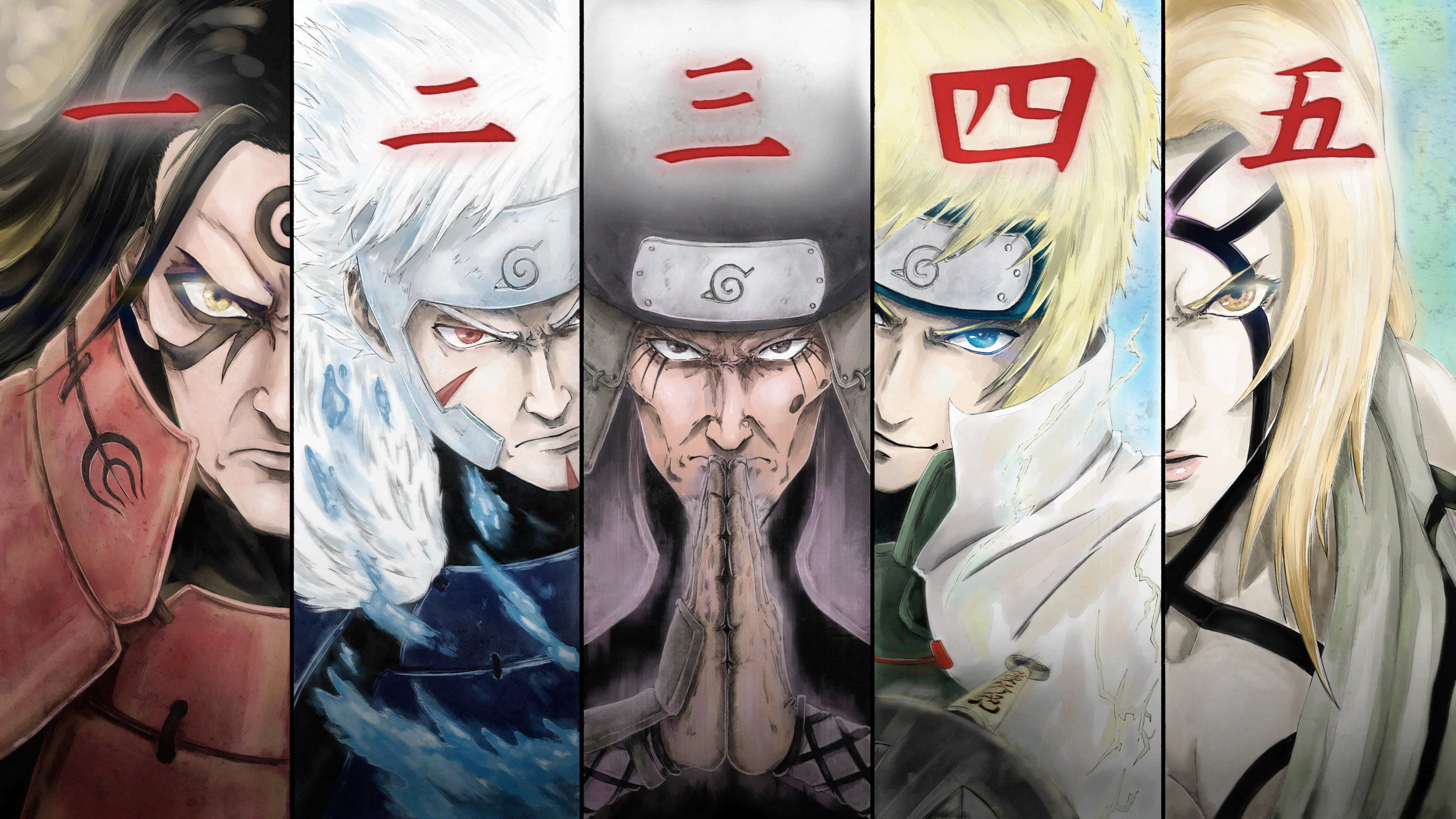Hiruzen Sarutobi 桌布 壁紙 — 五位激烈的動漫忍者戰士站成一排，每人標有紅色漢字數字一至五。