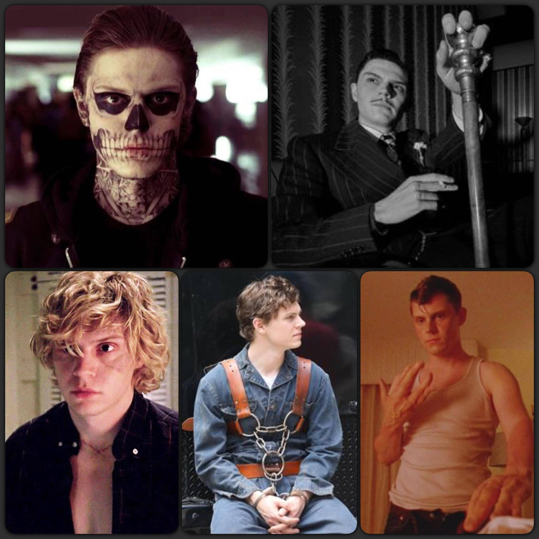 Tate Langdon 桌布 壁紙 — 五位男士以戲劇性姿勢組成的拼貼畫：一位帶有骷髏化妝紋身，另一位身穿西裝手持權杖，還有其他表情強烈或被束縛的男士。