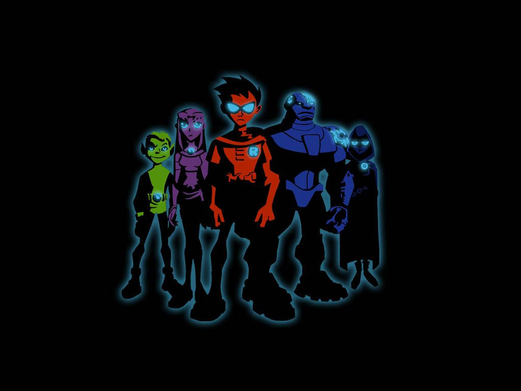 teen titans go 桌布 壁紙 — 五位發光的動漫英雄以剪影形式站在黑色背景前，帶有鮮豔的霓虹輪廓和發光的眼睛。