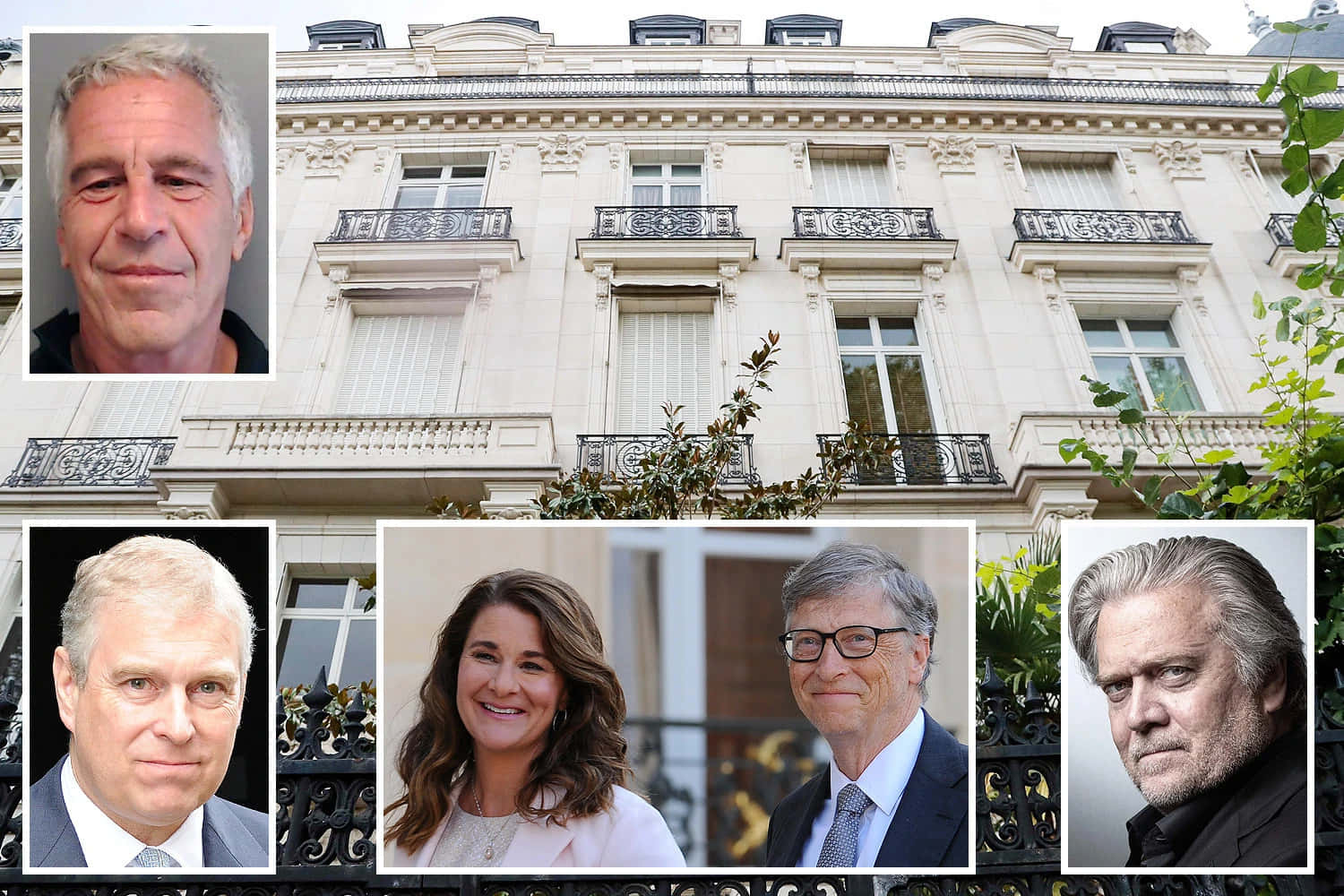 Bill Gates And Epstein 桌布 壁紙 — 五位知名人士的肖像拼貼，圍繞著一座帶有陽台和綠植的宏偉華麗建築外牆排列。