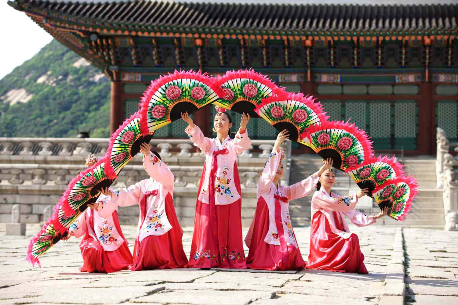 南韓 桌布 壁紙 — 五位穿著傳統韓國韓服的女性，在歷史宮殿前用鮮豔的粉紅色羽毛扇表演扇子舞。