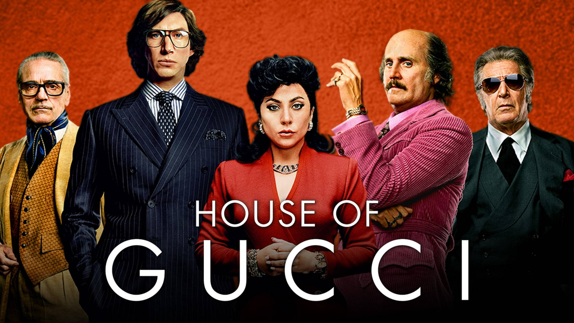 五位來自House of Gucci、衣著時尚的角色，背景為橙色。 — Gucci 之家 壁紙