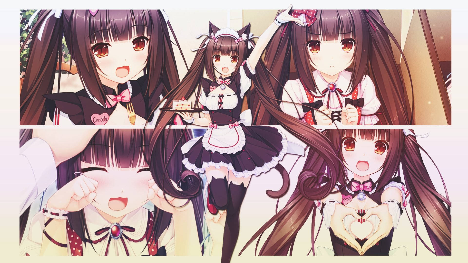 Nekopara 桌布 壁紙 — 五位穿著女僕裝的動畫女孩在明亮的室內環境中愉快地擺姿勢，帶著心形和蛋糕。