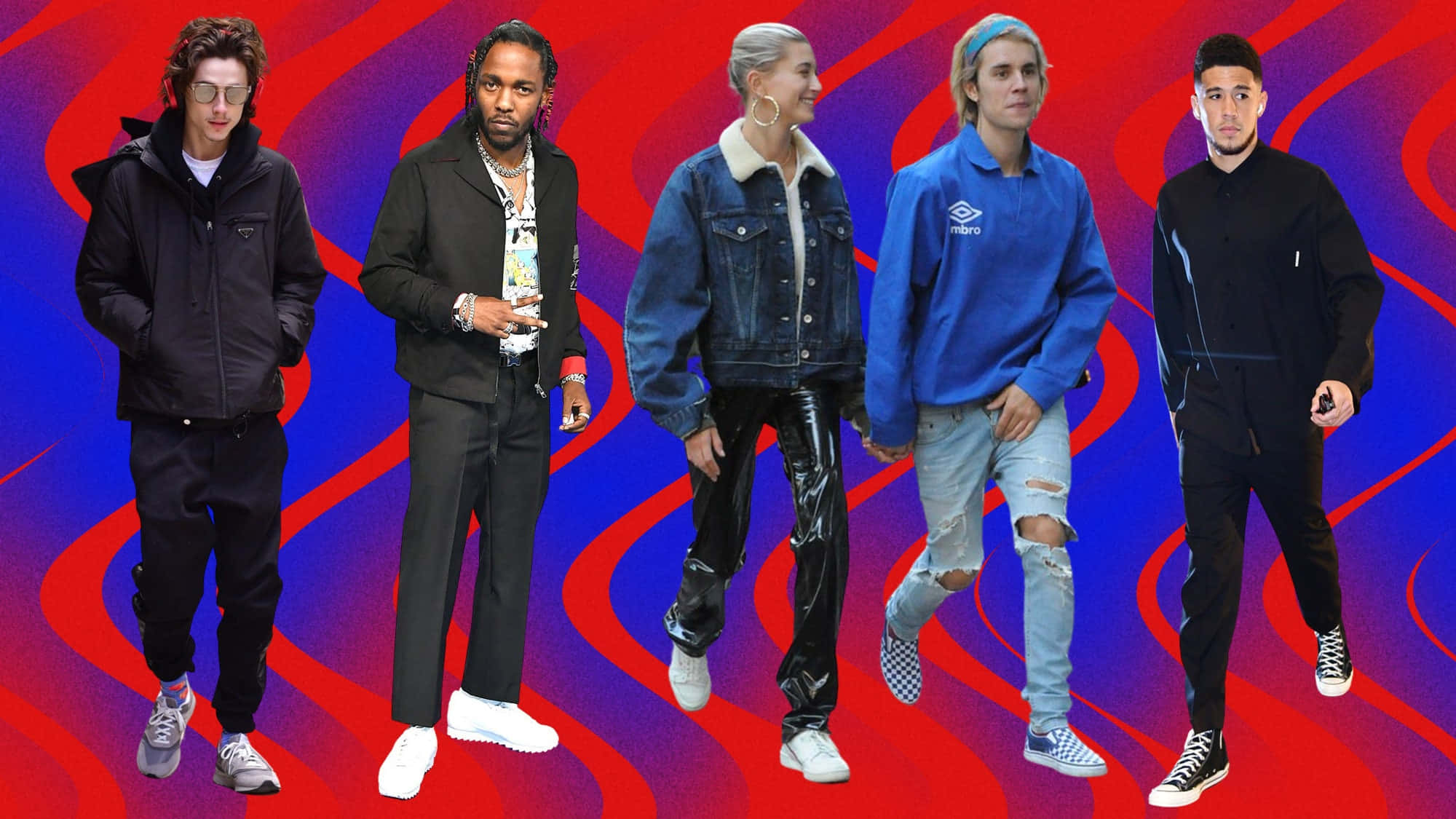 Sneaker 桌布 壁紙 — 五位穿著時尚的人士在鮮明的紅色和藍色漩渦抽象背景前自信地大步走著。