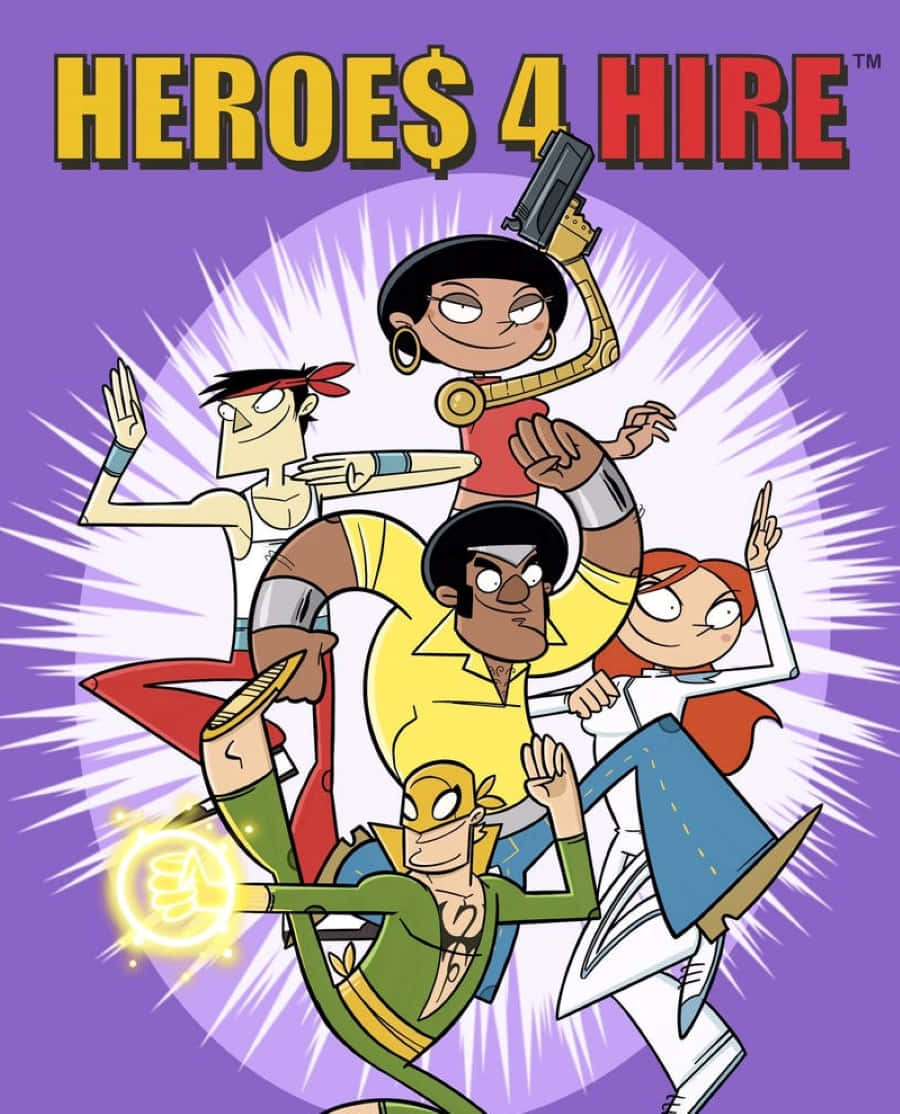 Heroes For Hire 桌布 壁紙 — 五位穿著色彩繽紛服裝的動畫英雄在紫色背景上擺出動感姿勢，背景帶有放射狀白線。