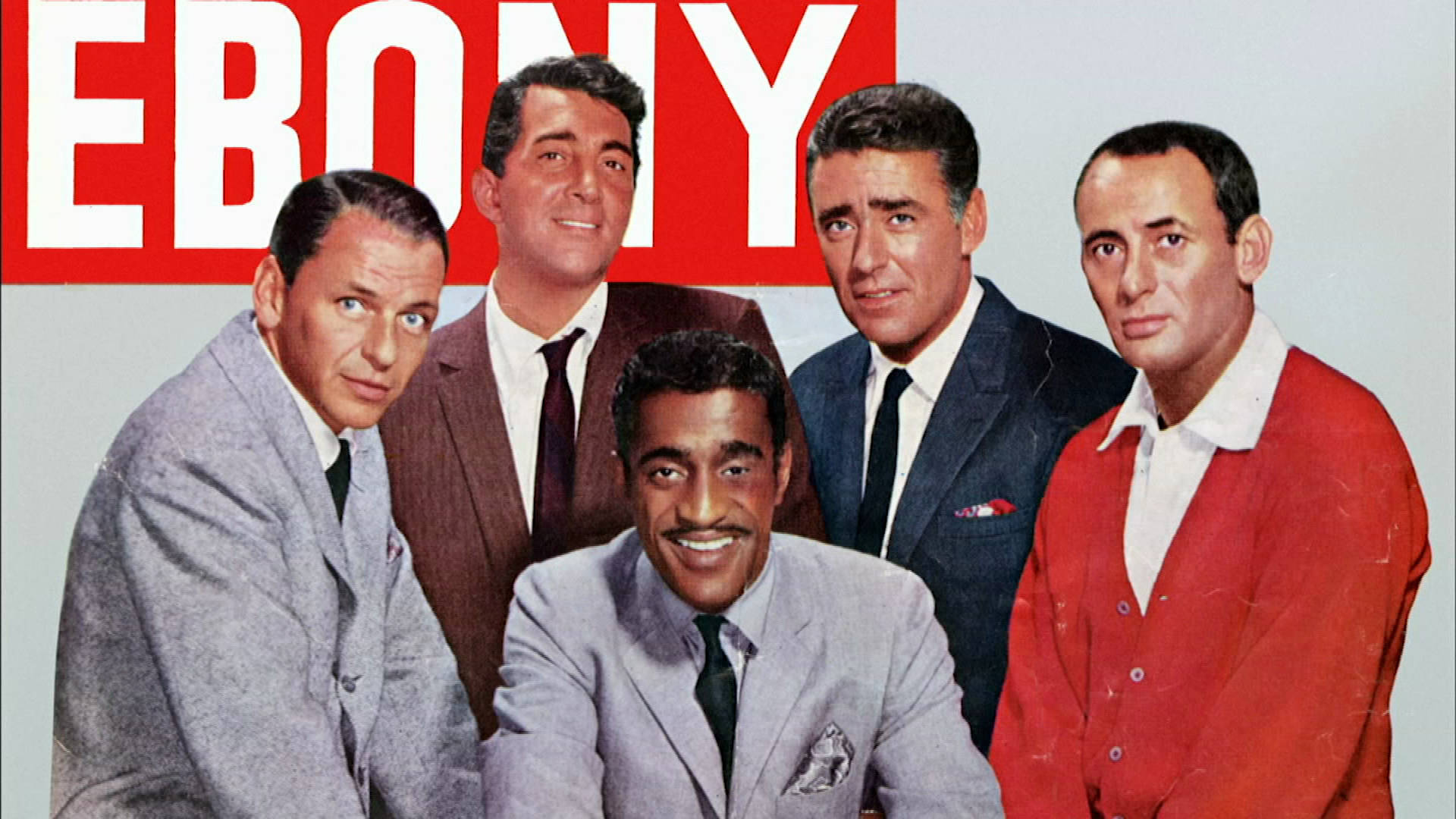 Celebrity 桌布 壁紙 — 五位穿著西裝的時尚男士在鮮紅色的「EBONY」雜誌封面背景前自信地擺姿勢。