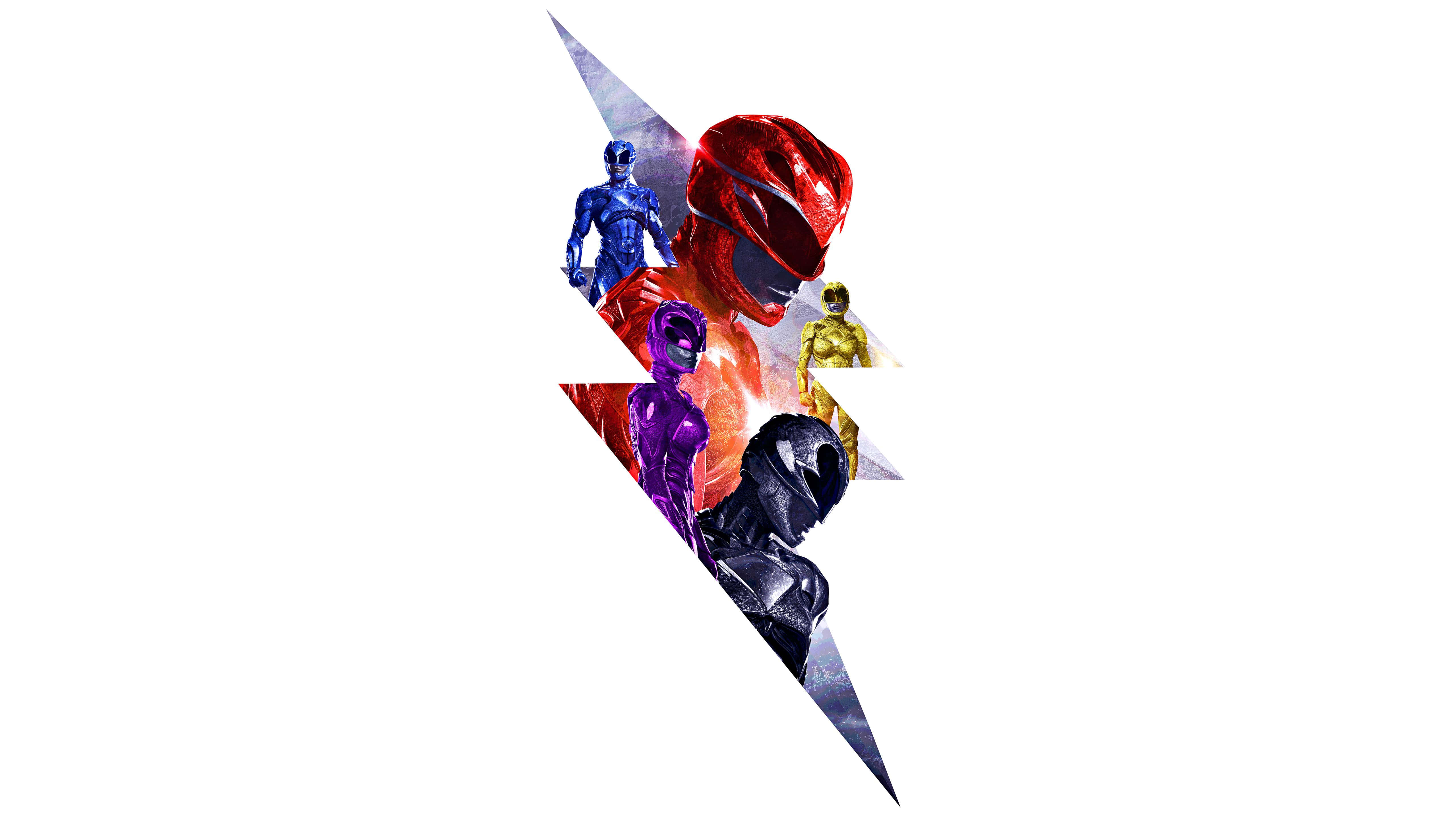 金剛戰士 桌布 壁紙 — 五位穿著鮮豔服裝的Power Rangers在白色背景上形成一個動態的閃電形狀。