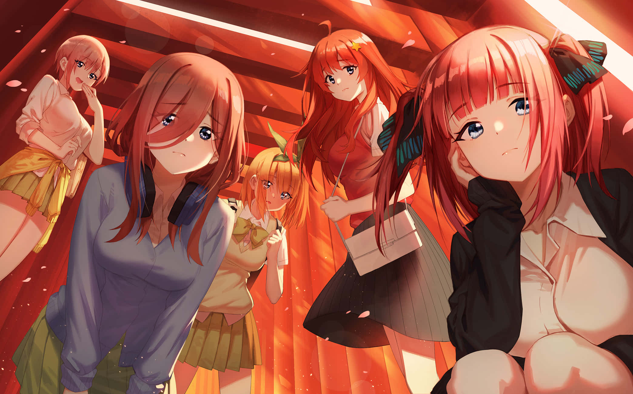 Miku Nakano 桌布 壁紙 — 五位紅髮動漫女孩一起坐在一個溫暖照明的房間裡，房間有紅色窗簾和飄落的花瓣。