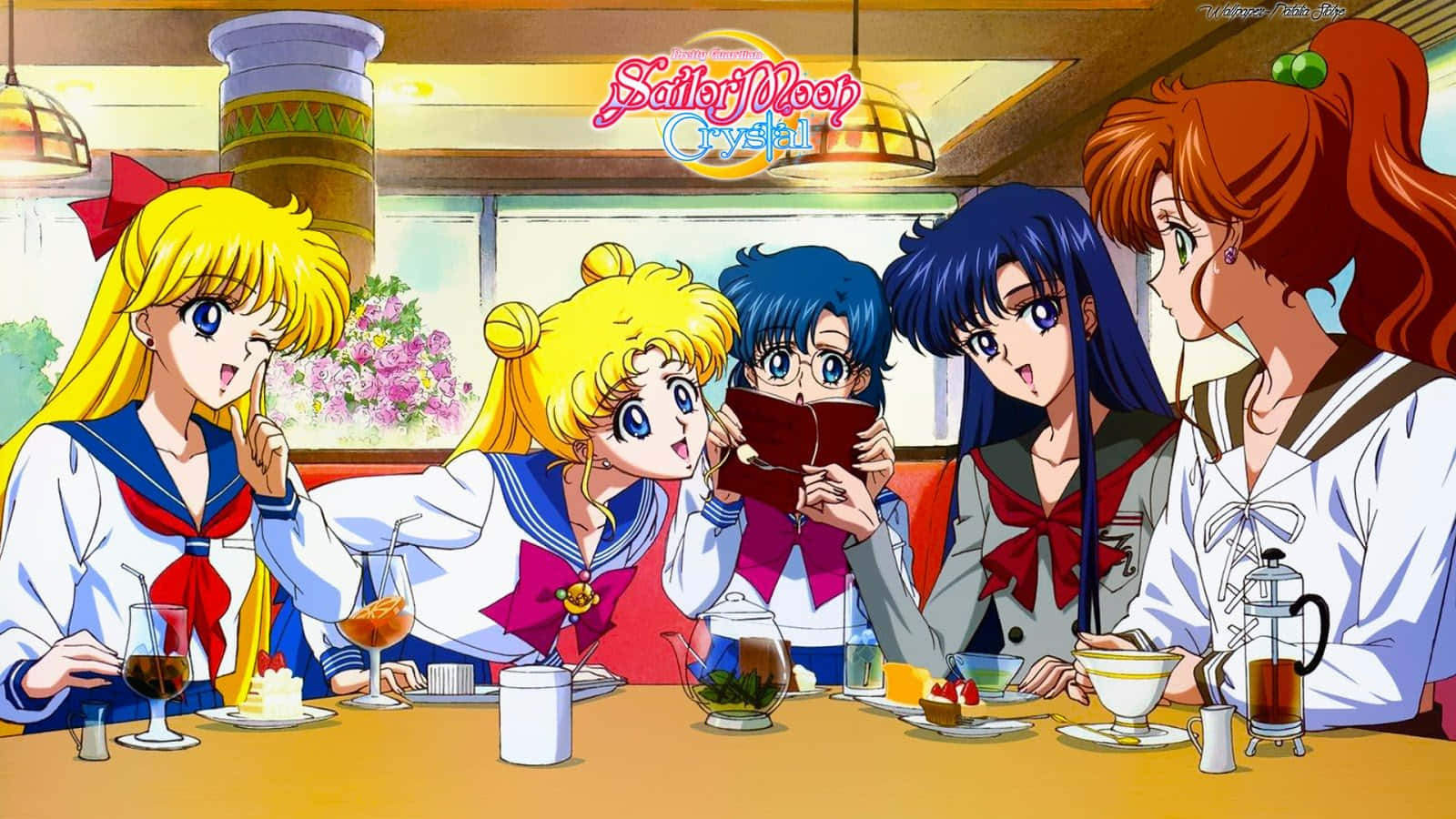 sailor moon crystal 桌布 壁紙 — 五位美少女戰士角色圍繞咖啡桌享用茶和糕點，在溫暖的室內環境中。