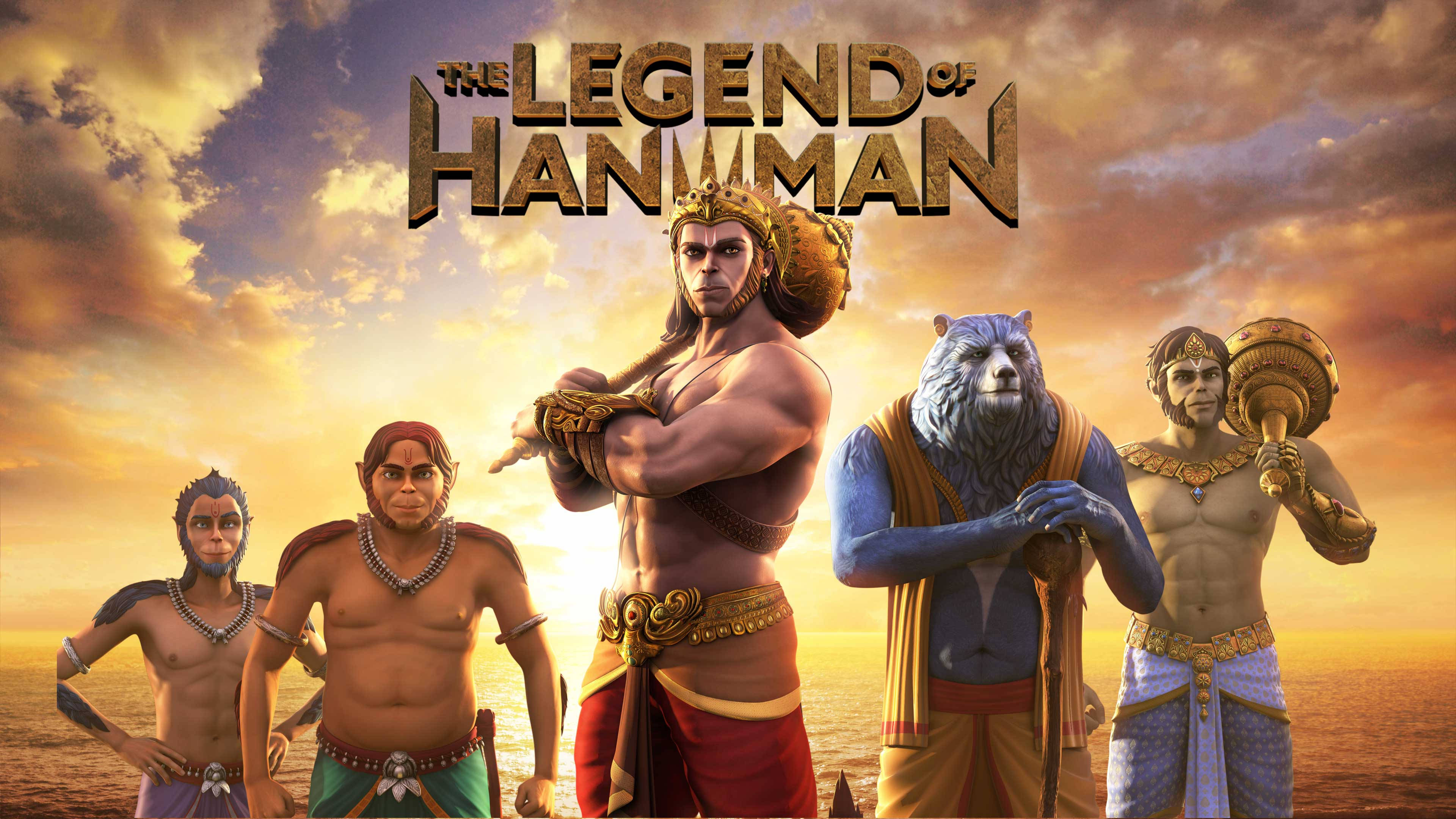 hanuman 4K HD 桌布 壁紙 — 五位肌肉發達的神話人物英雄式地站在金色日落天空、雲朵和海洋地平線前。