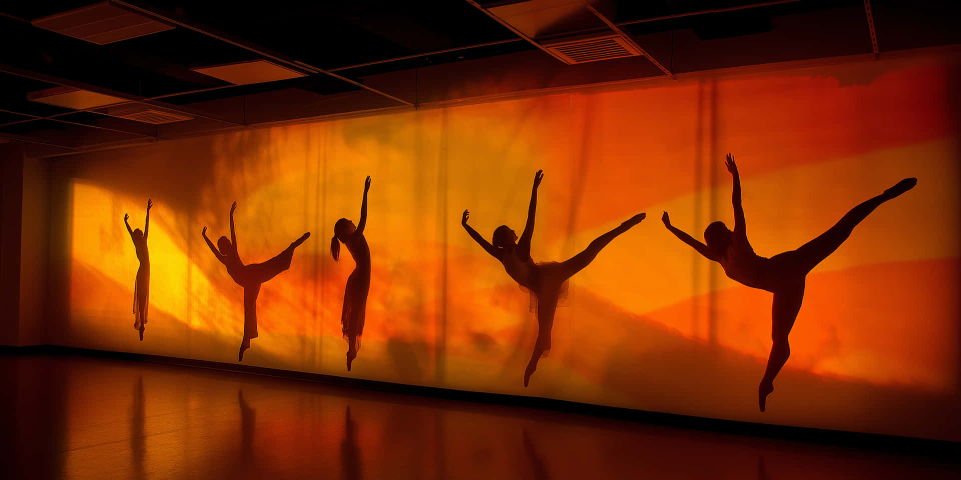 Shadows in Motion 壁紙 — 五位芭蕾舞者以剪影形式跳過現代工作室中溫暖的橙色漸變牆。