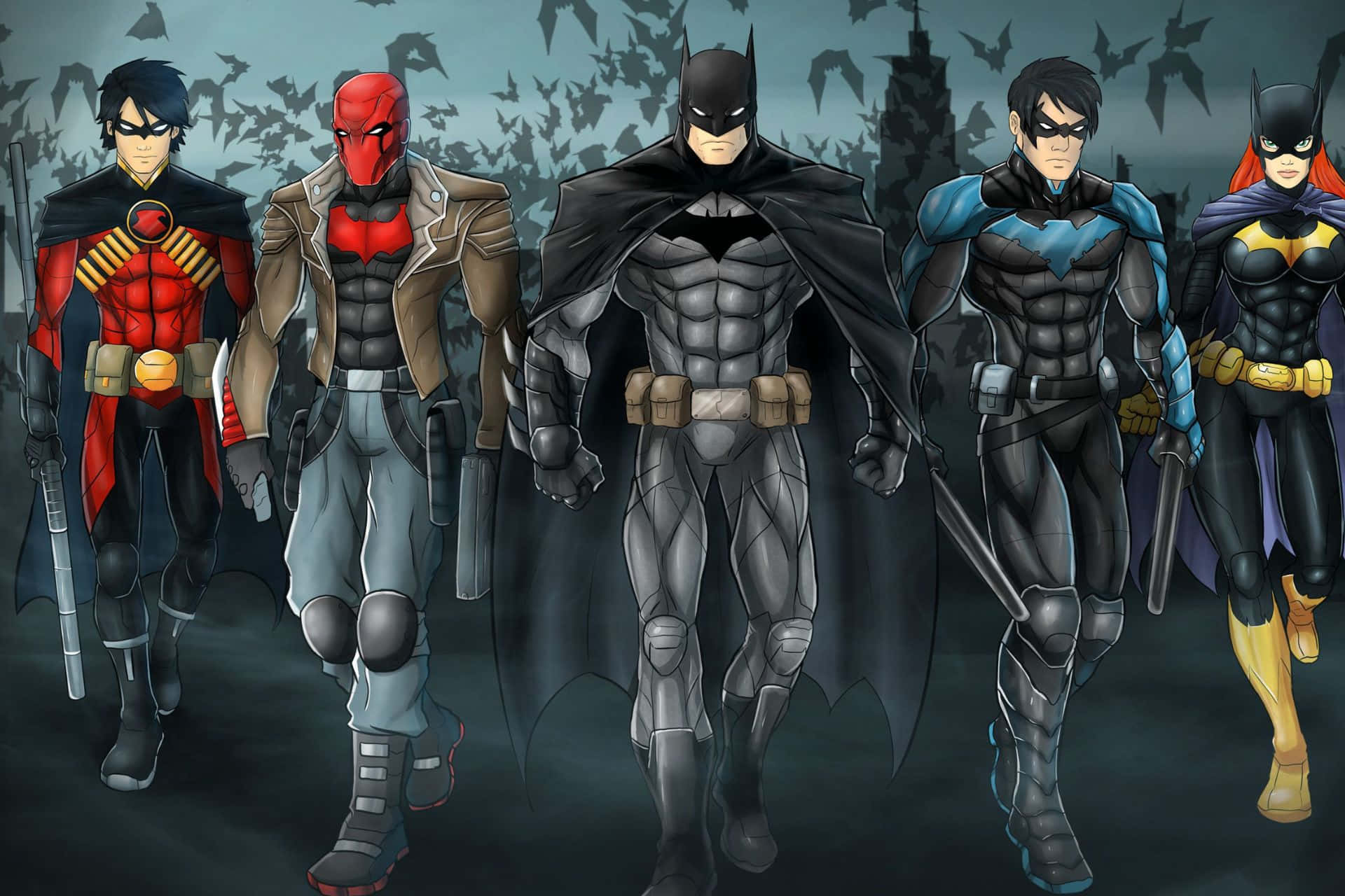 Bat-family 桌布 壁紙 — 五位蝙蝠俠盟友站在黑暗的哥德式城市景觀中，蝙蝠在暴風雨的天空下飛翔。