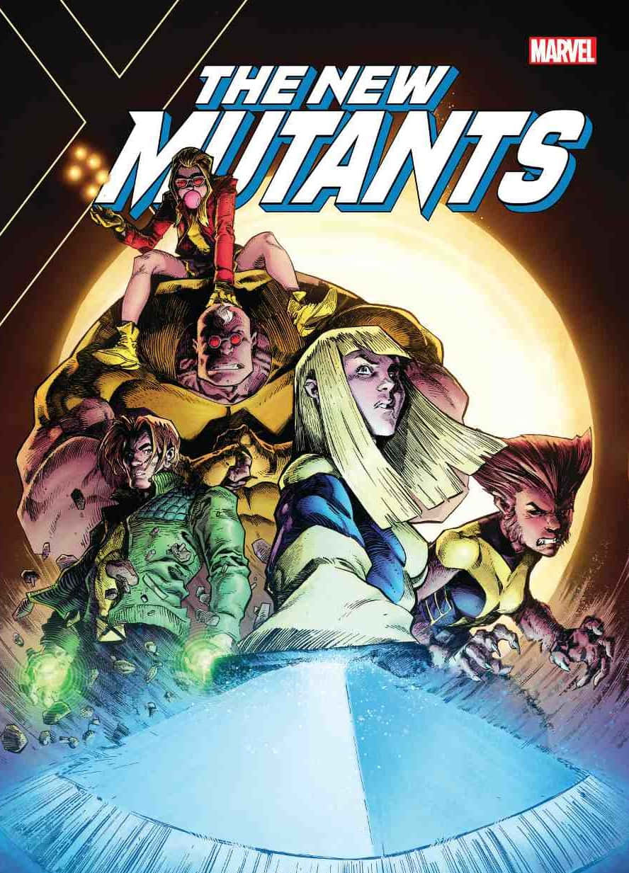 Mutants 桌布 壁紙 — 五位變種英雄以動感姿勢在發光月亮背景下向前衝刺，搭配大膽的漫畫藝術風格。