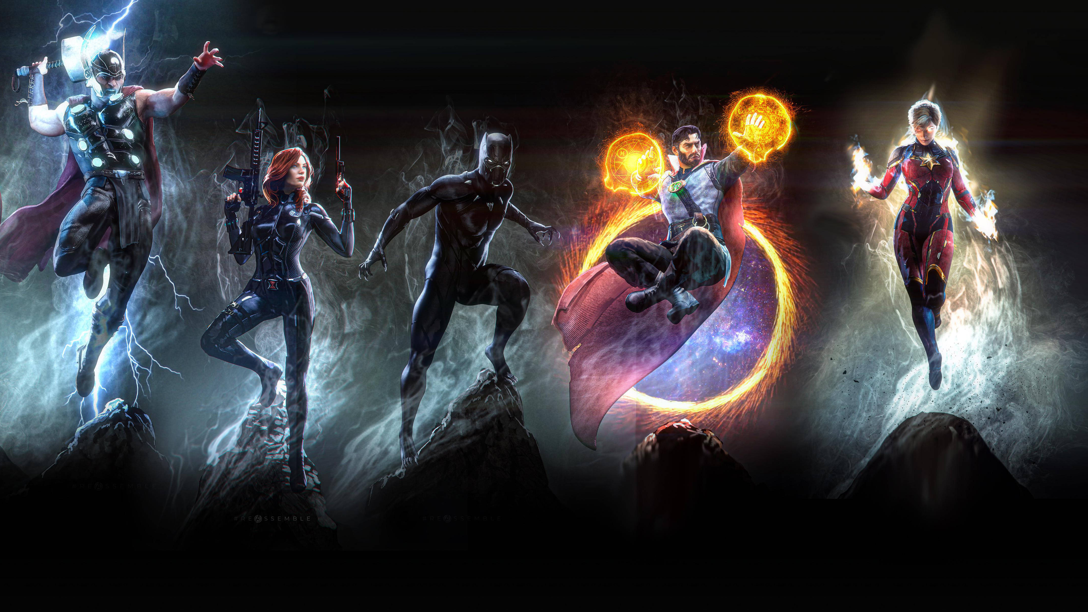 4K Marvel 壁紙 桌布 壁紙 — 五位超級英雄站在崎嶇的岩石上，在黑暗風暴的背景下施展宇宙力量。