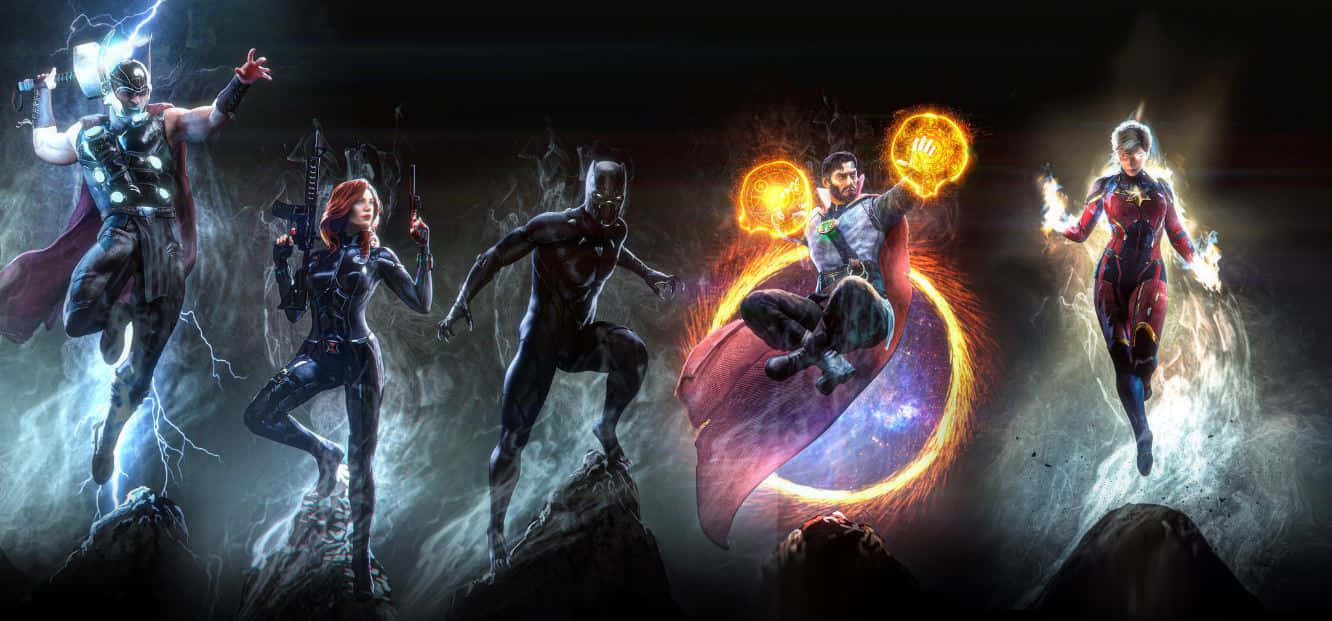 heroes 桌布 壁紙 — 五位超級英雄站在崎嶇的岩石上，在黑暗的暴風雨天空中釋放宇宙和閃電力量。