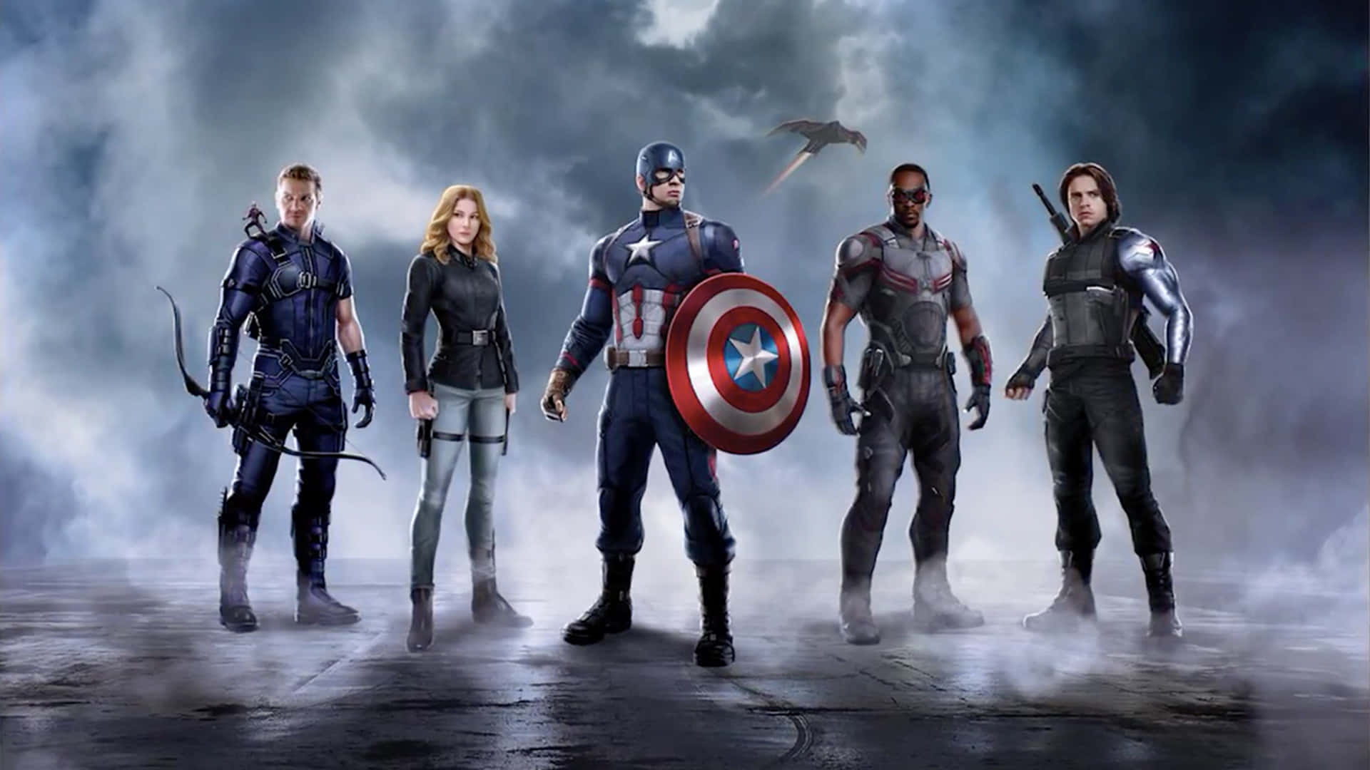 HD Captain America 桌布 壁紙 — 五位超級英雄站在迷霧籠罩、風暴肆虐的戰場上，美國隊長在中間舉著盾牌。