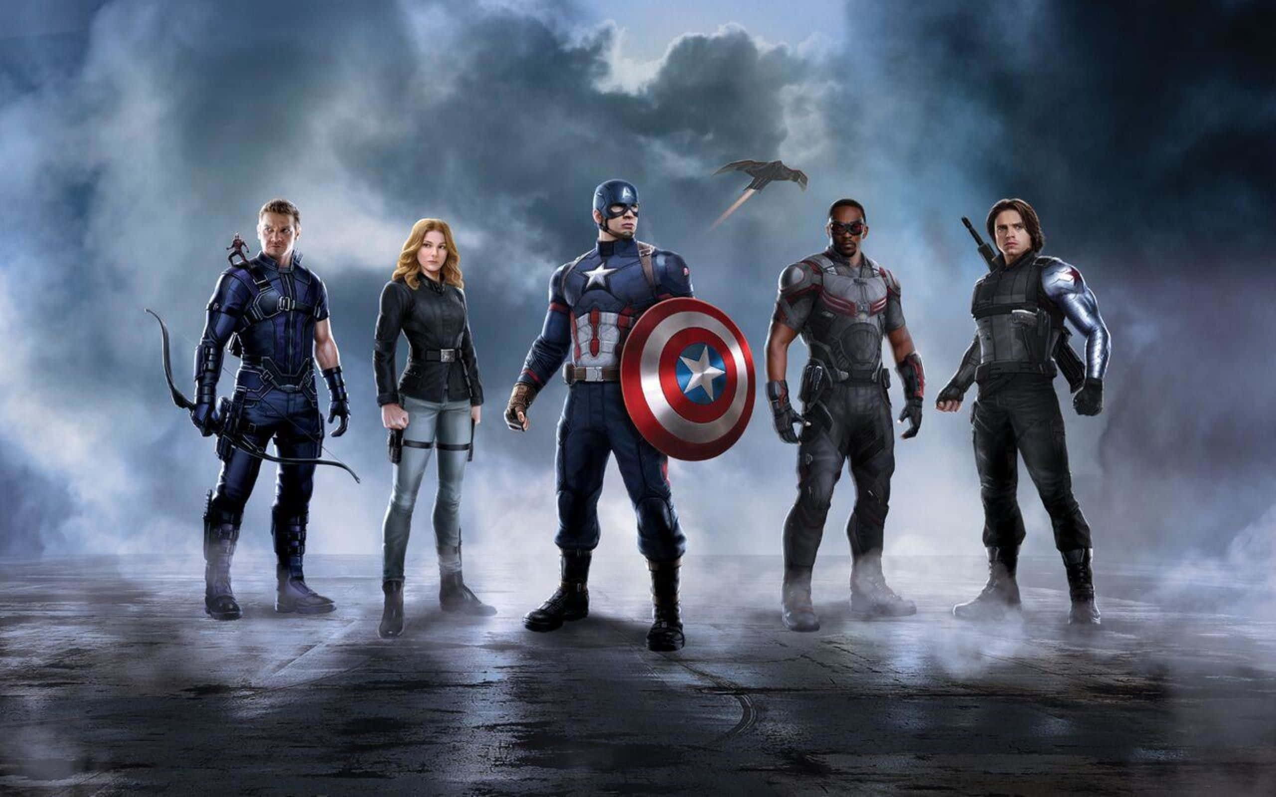 Captain America Desktop 桌布 壁紙 — 五位超級英雄站在迷霧籠罩、風雨交加的場景中，美國隊長在中間舉著盾牌。