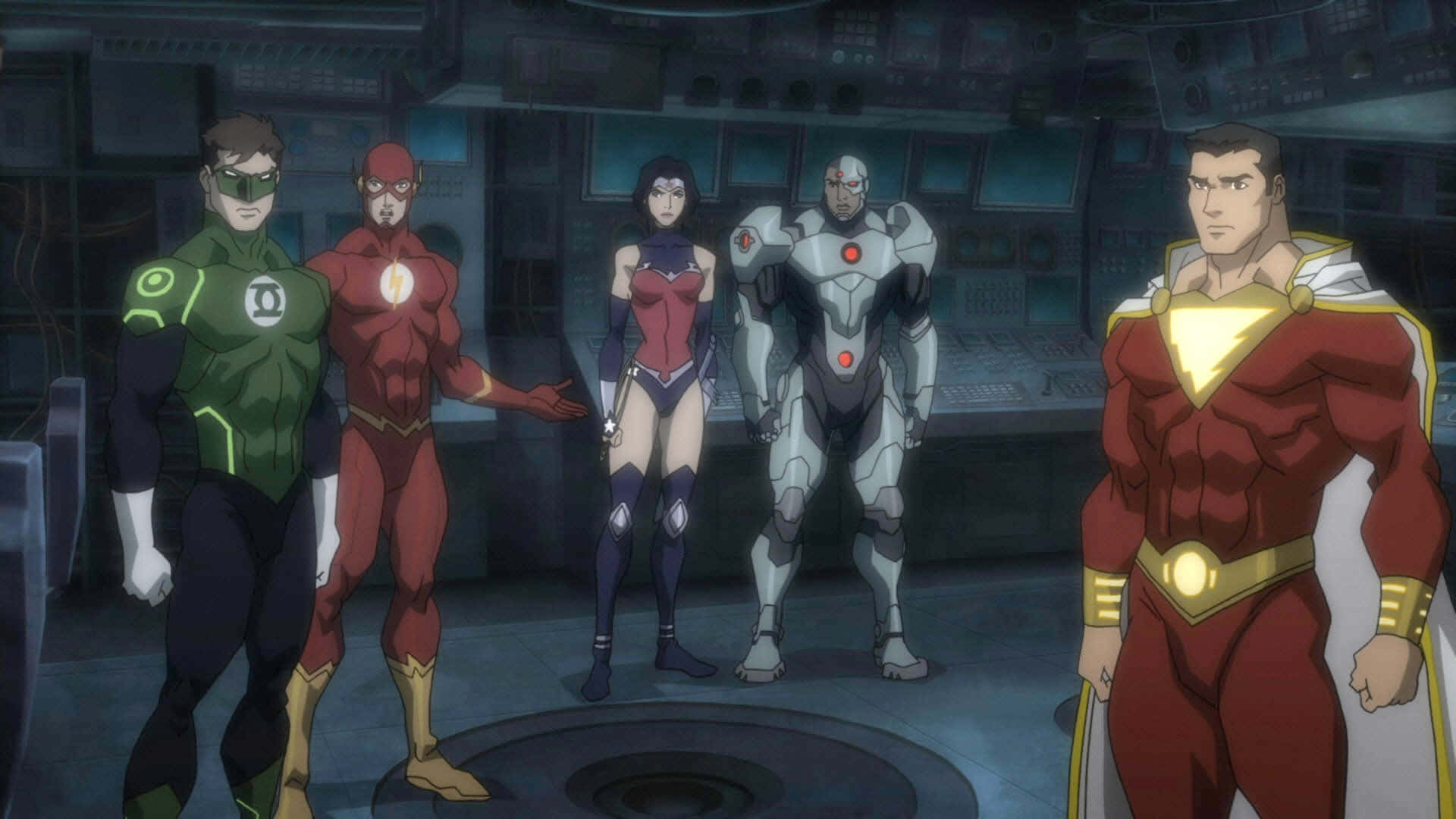 Justice League Throne Of Atlantis 桌布 壁紙 — 五位超級英雄角色站在一個高科技控制室中，周圍有發光的螢幕和金屬表面。