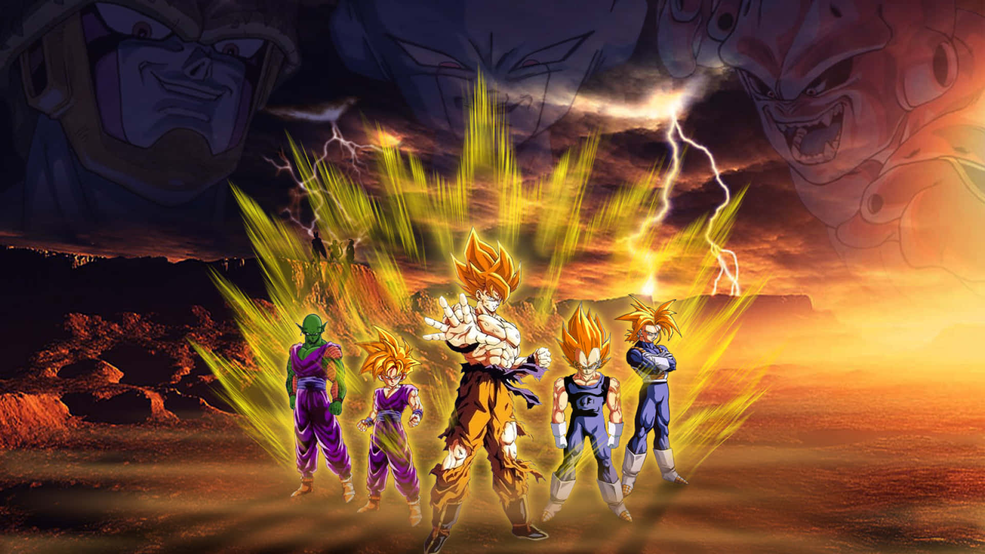 Dbz 桌布 壁紙 — 五位超級賽亞人戰士站在熾熱的沙漠中，天空風暴密佈，閃電交加，巨大的惡魔面孔籠罩在上方。