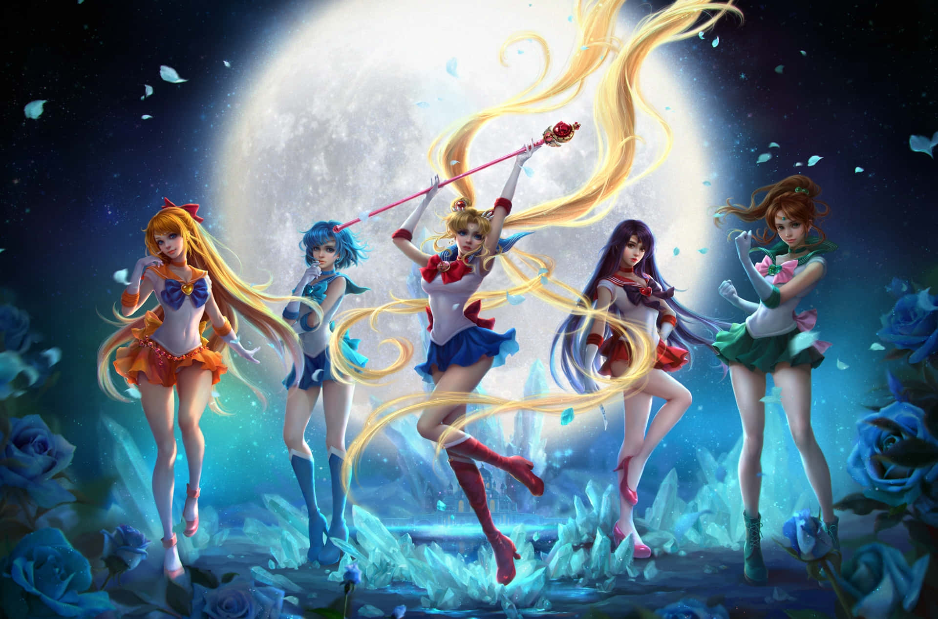 美少女戰士 桌布 壁紙 — 五位身穿彩色水手服的動畫女主角在閃爍的滿月前動態跳躍，周圍環繞著藍色玫瑰和閃閃發光的水晶。