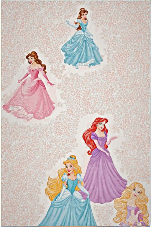 Ethereal Disney Princess Silhouette Glow 壁紙 — 五位身穿彩色禮服的迪士尼公主在柔和的粉紅色花卉壁紙背景上漂浮。