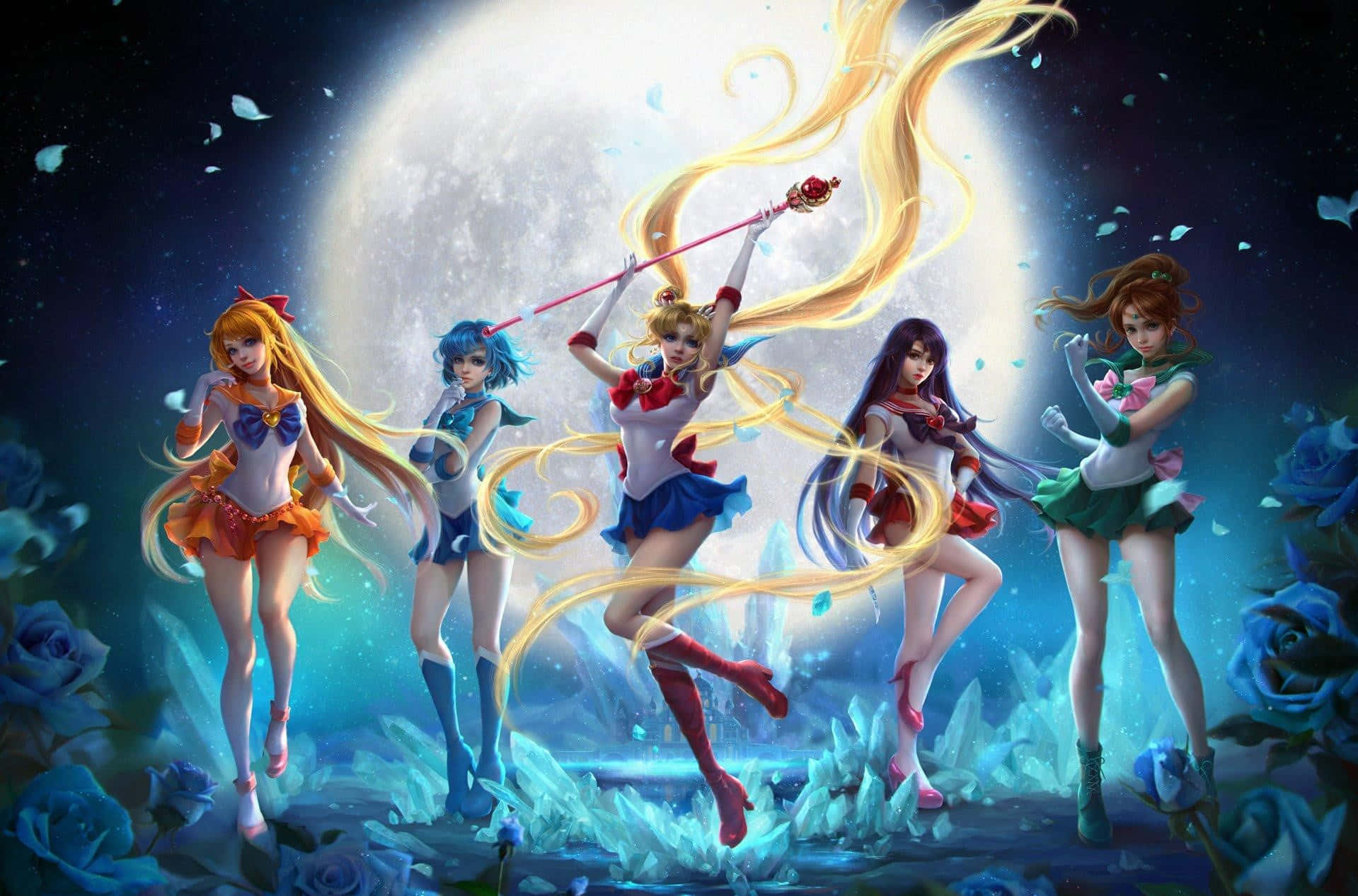 美少女戰士 桌布 壁紙 — 五位身穿水手服的動畫女主角在藍色玫瑰和閃爍水晶環繞的發光月亮背景下動態跳躍。