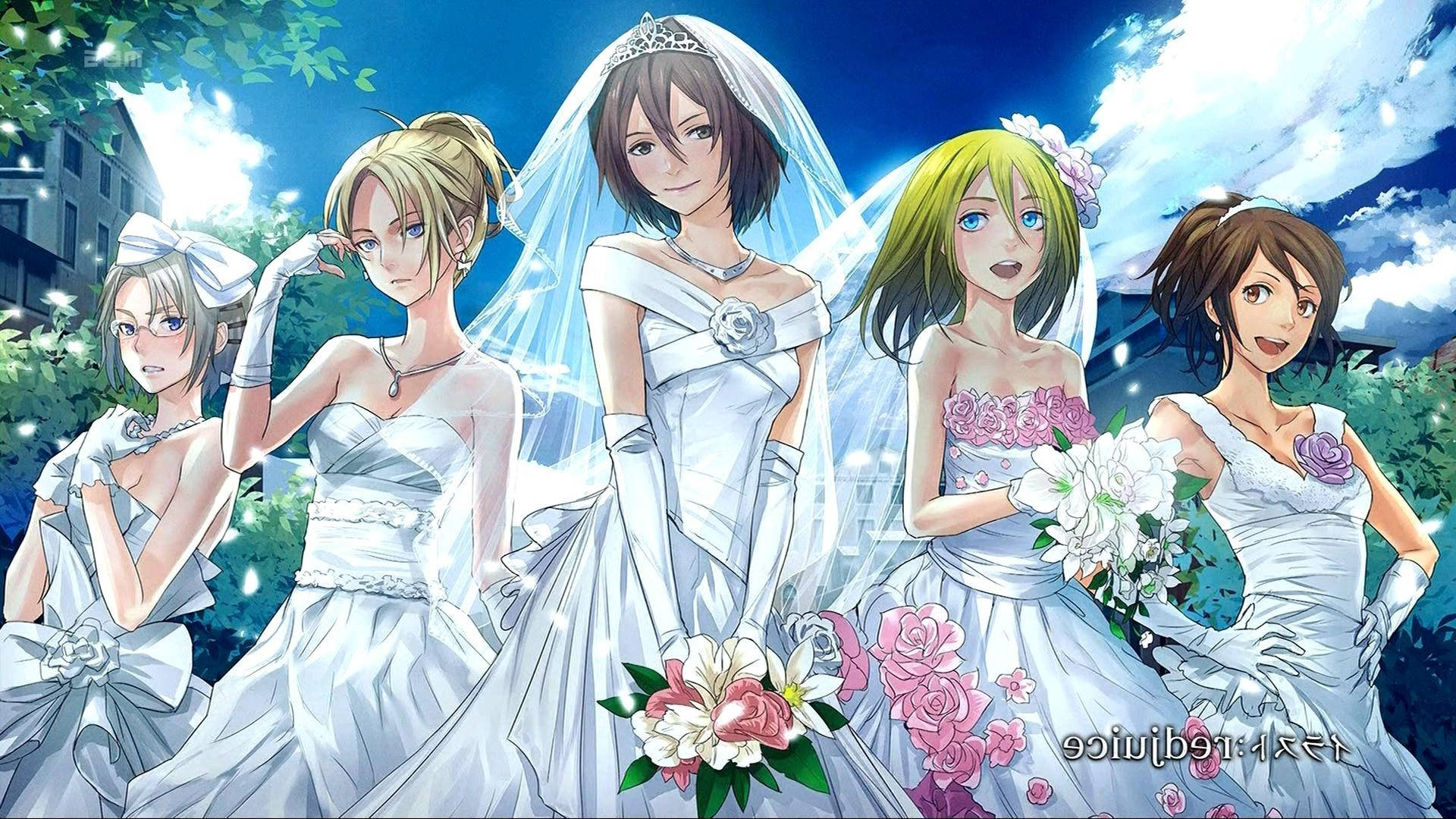 Mikasa 桌布 壁紙 — 五位身穿白色婚紗的動漫新娘，在藍天白雲和盛開花朵的明亮藍天下站在一起。
