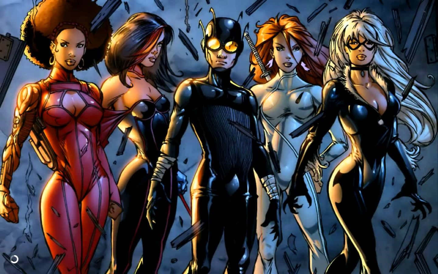 Heroes For Hire 桌布 壁紙 — 五位身穿緊身服裝的女性超級英雄在戲劇性燈光下自信地站在破碎的瓦礫中。