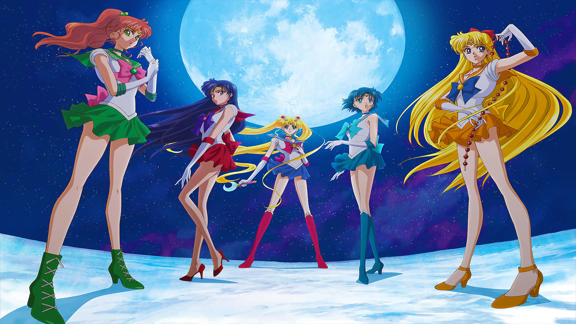 sailor moon crystal 桌布 壁紙 — 五位身穿色彩繽紛水手服的動畫女主角自信地站在雪地上，背景是巨大的月亮。