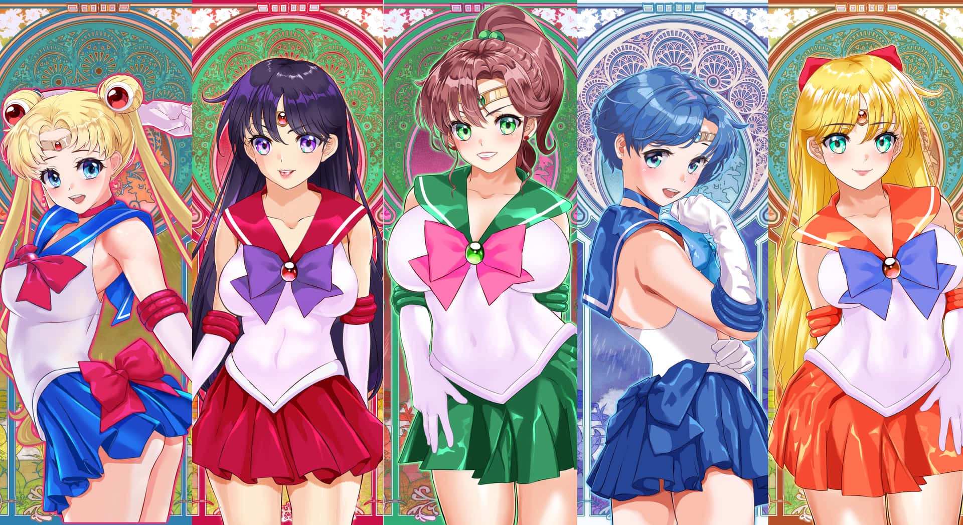 動漫 桌布 壁紙 — 五位身穿色彩繽紛水手服的動畫女主角，自信地站在華麗的拱形背景前。