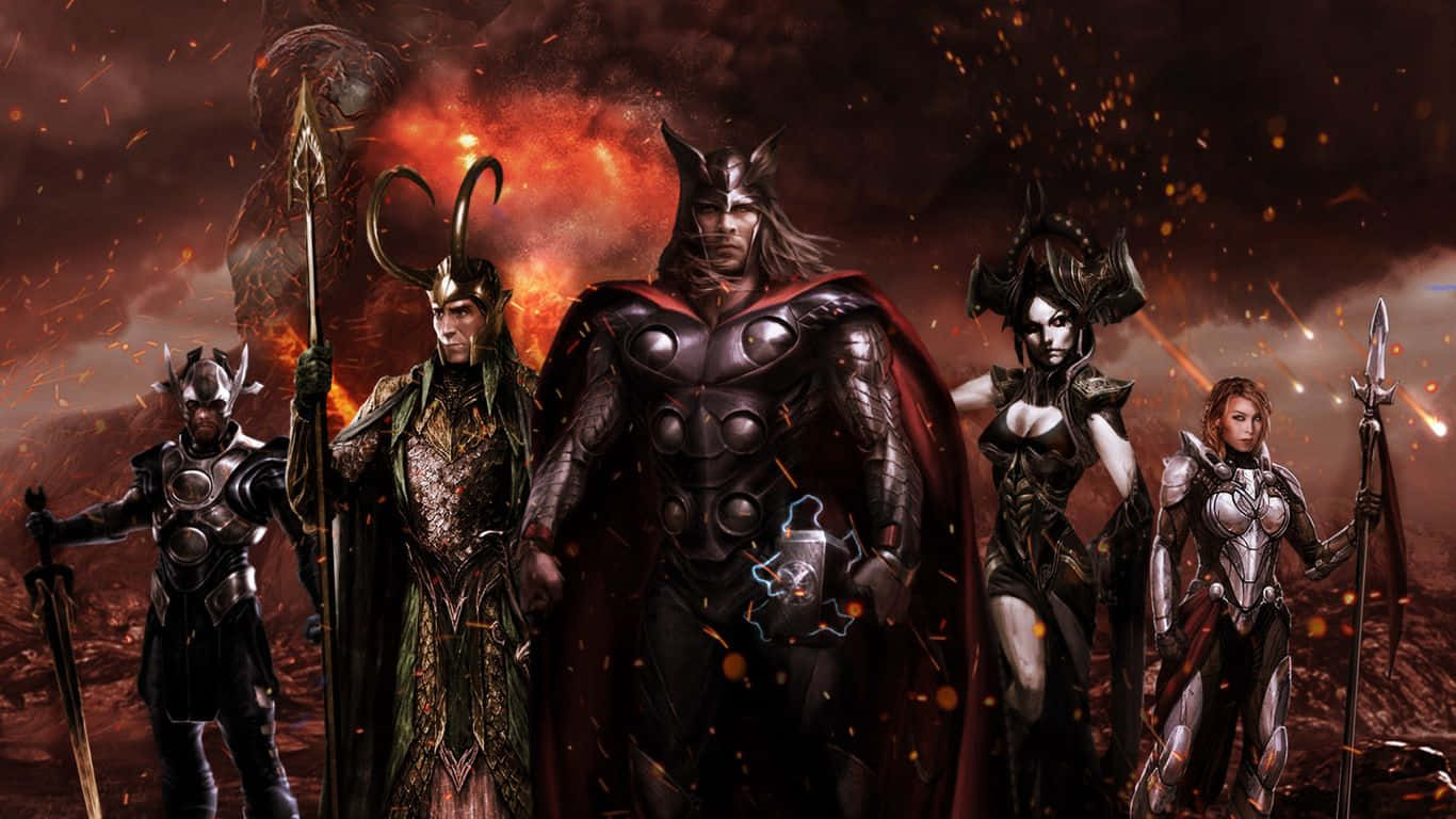 1366x768 Marvel 桌布 壁紙 — 五位身穿裝甲的超級英雄，在熾熱的末日天空下，周圍飛舞著發光的餘燼，堅定地站立著。