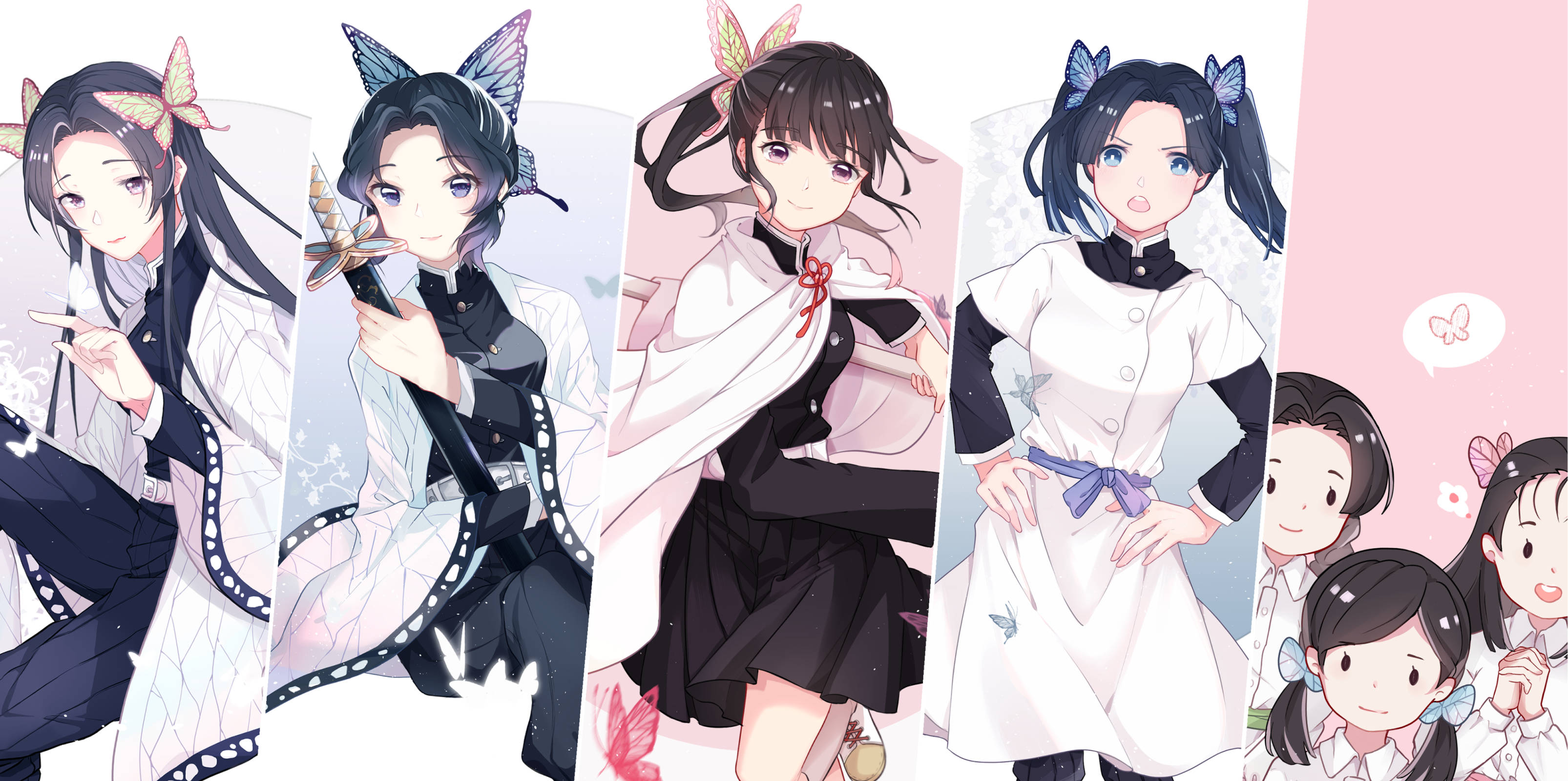 aoi kanzaki 桌布 壁紙 — 五位身穿黑白服裝、佩戴蝴蝶飾品的動漫女孩在柔和的粉彩背景前擺姿勢。