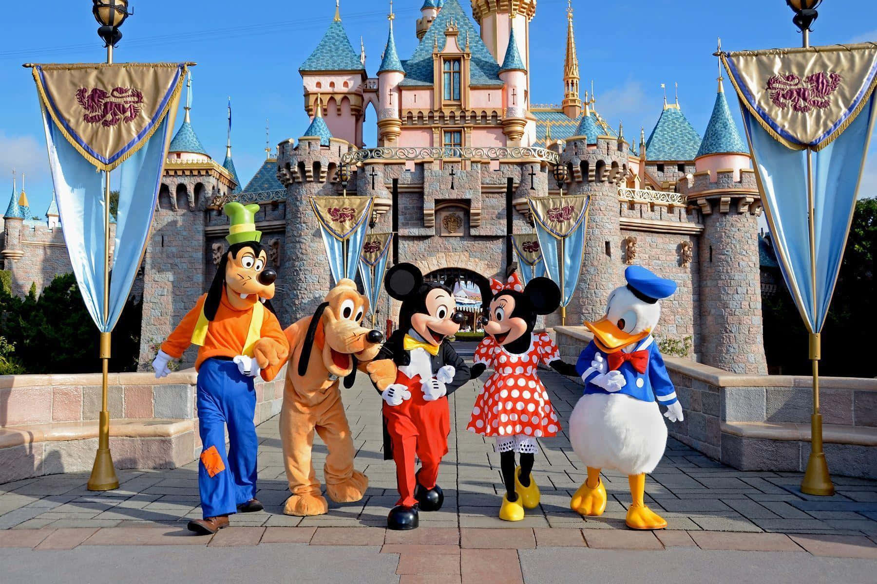 Disneyland 桌布 壁紙 — 五位迪士尼角色在晴朗的藍天下，於宏偉城堡前愉快地擺姿勢。