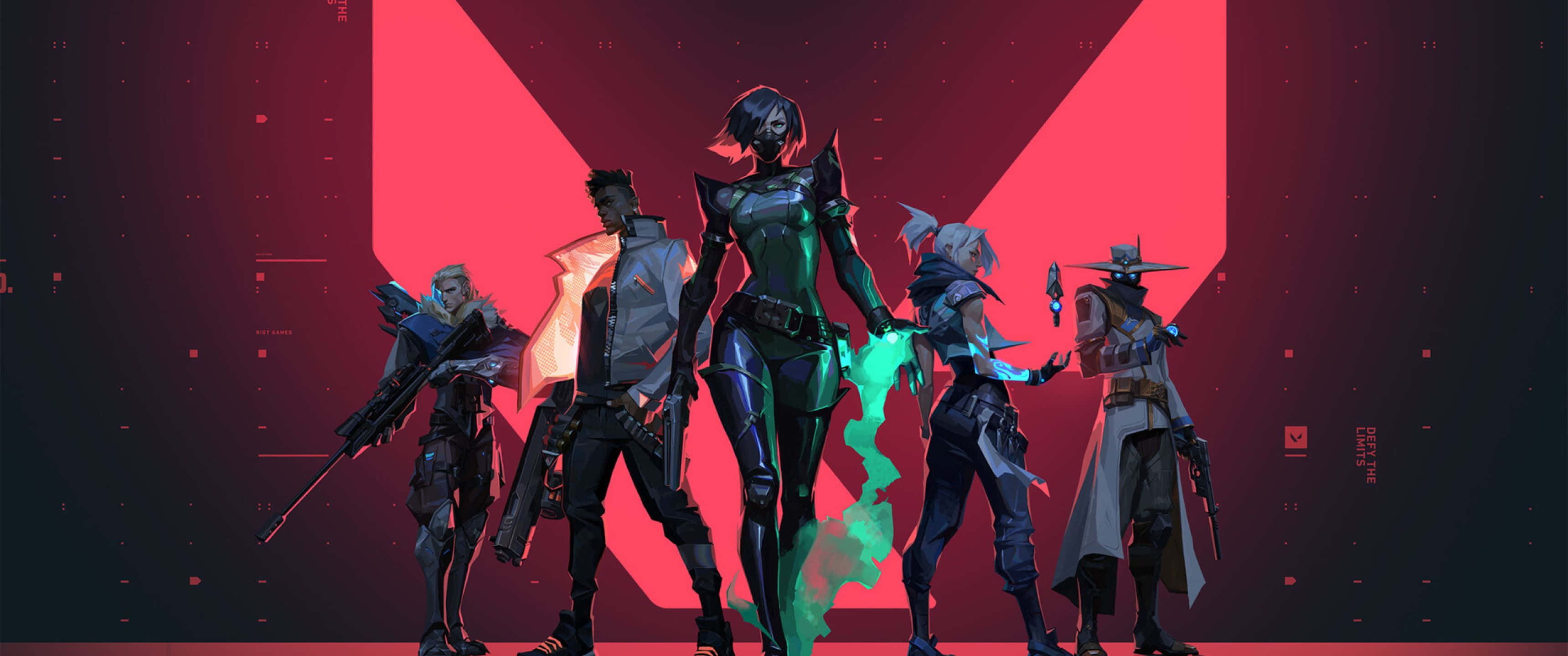 3440x1440p Valorant 桌布 壁紙 — 五位風格化的未來戰士排成一排，背景是帶有霓虹色調的發光紅色V形。