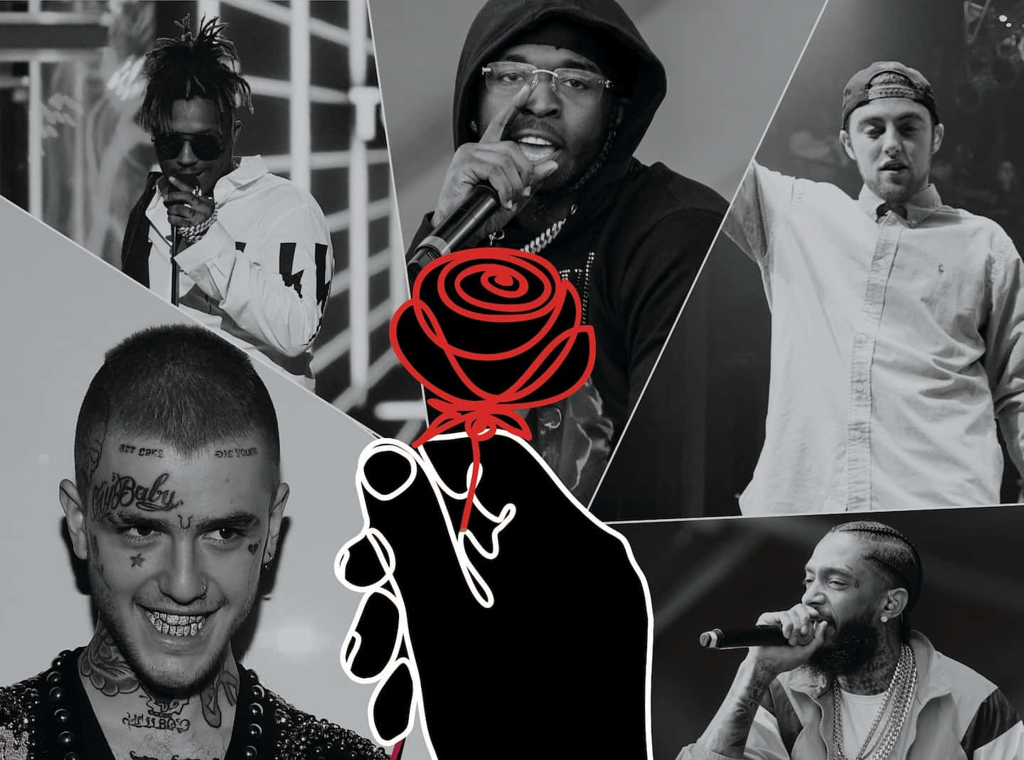 Rappers 桌布 壁紙 — 五位饒舌歌手的黑白拼貼，中央有一隻黑手拿著一朵鮮豔的紅玫瑰。