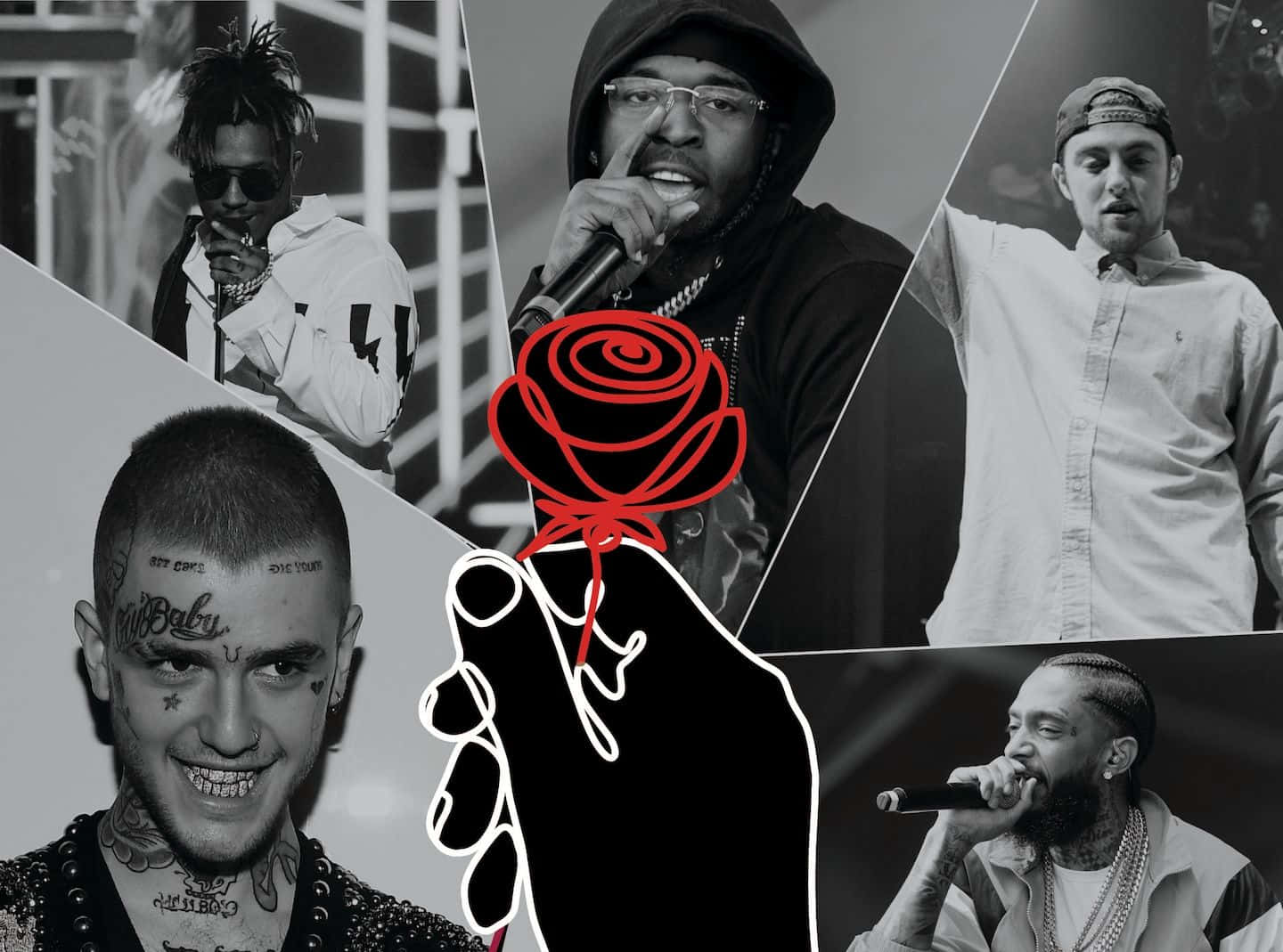 Dead Rappers 桌布 壁紙 — 五位饒舌歌手的黑白拼貼畫，中央有一隻黑手拿著大膽的紅玫瑰圖案。