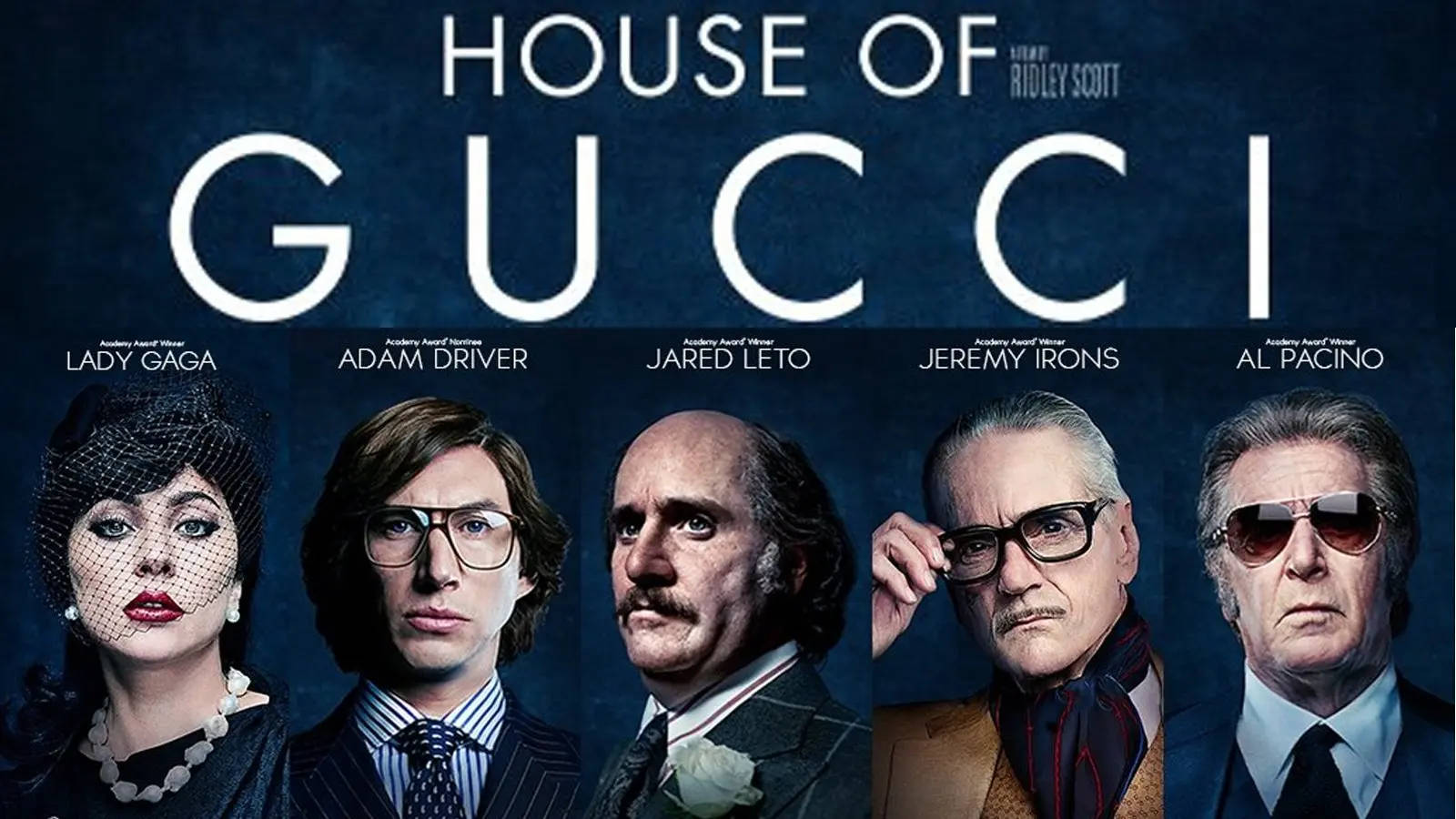 電影《Gucci：豪門謀殺案》的海報，五位主要演員身著正式服裝。 — Gucci 之家 壁紙