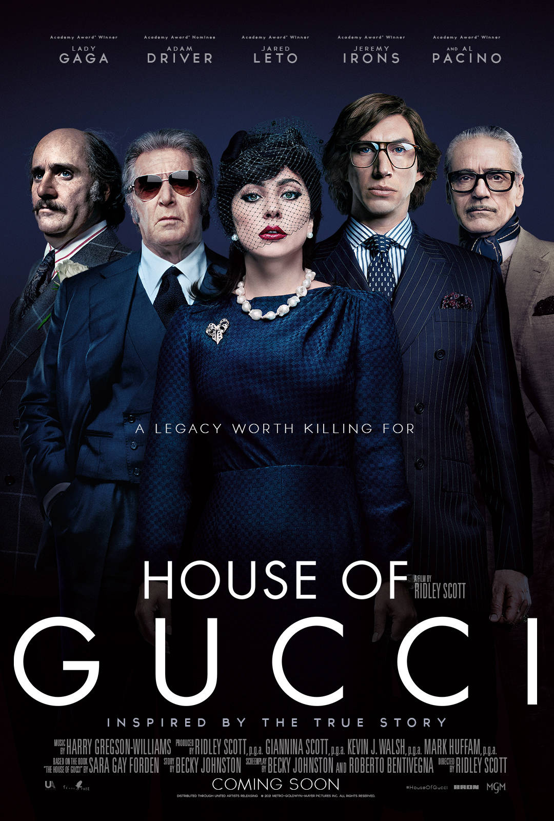 《GUCCI：豪門謀殺案》電影海報，五位演員身著正式服裝。 — Gucci 之家 壁紙